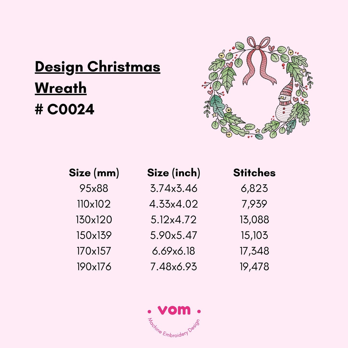 Christmas Wreath Rippled Embroidery Design - Snowman, Holly and Ribbon Festive Pattern - Digital File for Machine Embroidery - 6 Sizes
