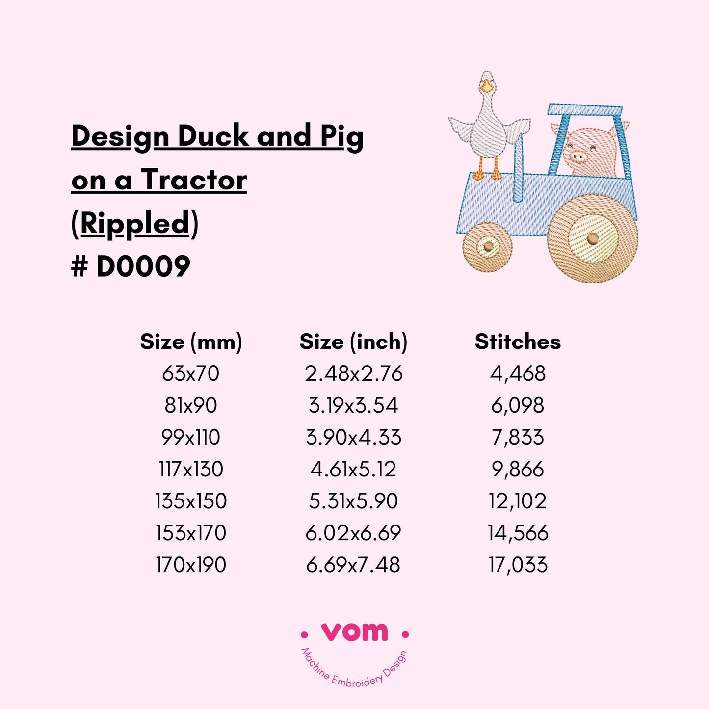 Duck and Pig on a Tractor Embroidery Design - Cute Farm Animal - Rippled Stitch Pattern for Baby Clothing and Nursery Decor - 7 Sizes