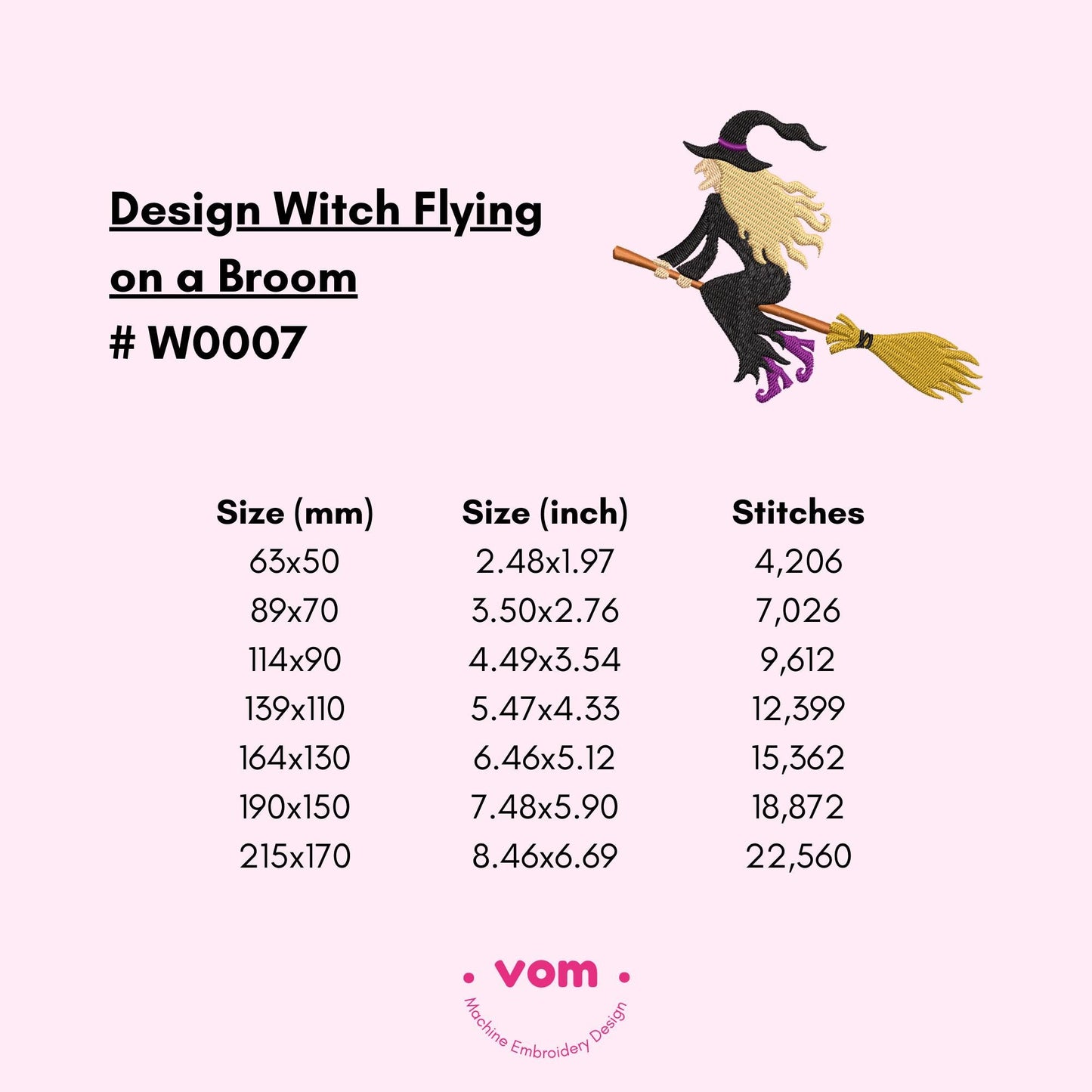 Flying Witch on Broomstick Machine Embroidery Design - 7 Sizes