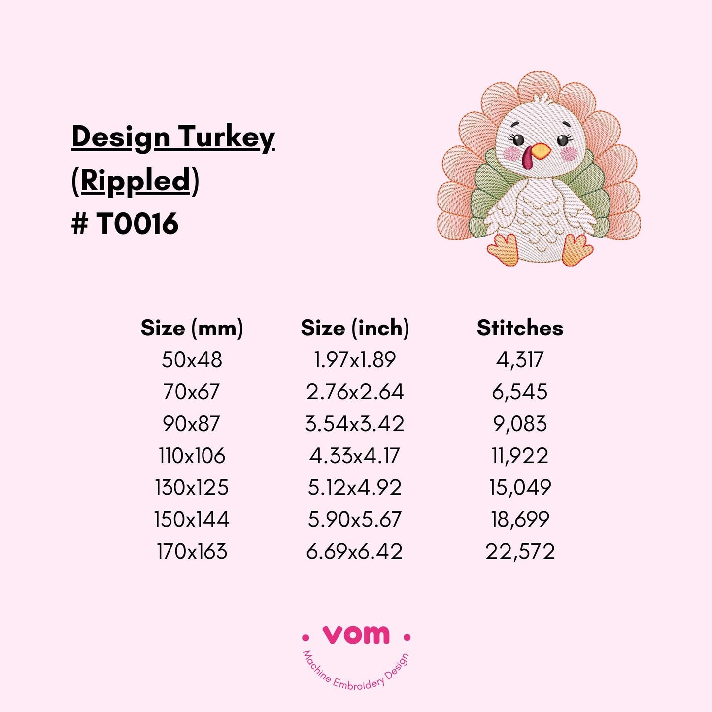Adorable Rippled Turkey Embroidery Design - Turkey Digital File for Baby & Kids - 7 Sizes