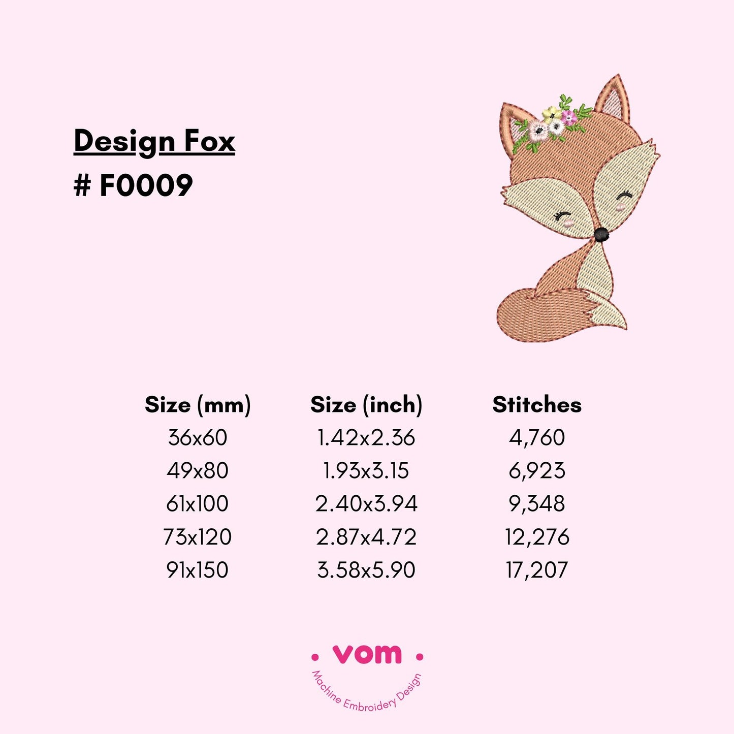 Floral Fox Embroidery Design - Cute Baby Fox with Flowers - Woodland Animal Pattern for Baby & Kids - Embroidery Machine File - 5 Sizes