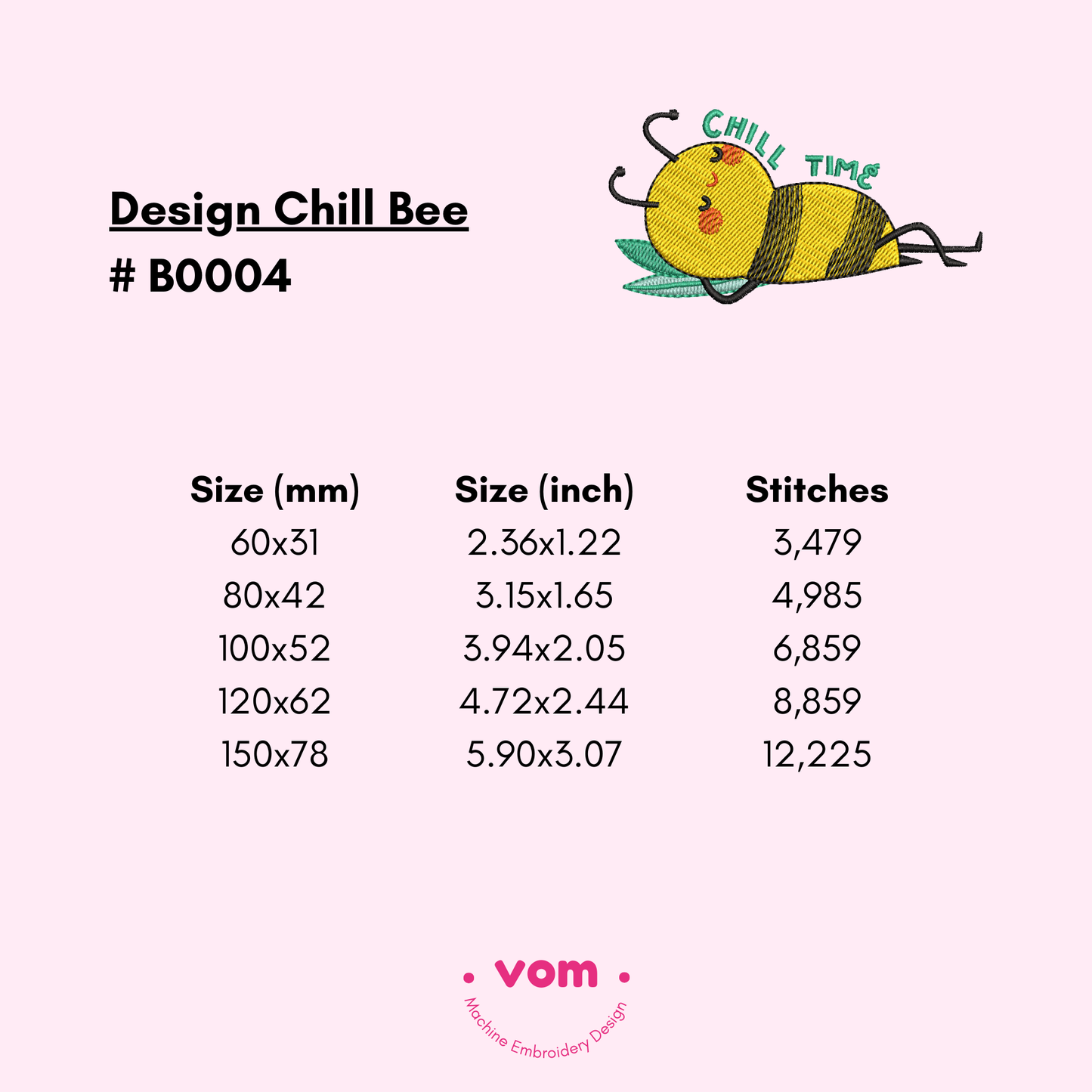 Chill Bee Embroidery Design - Fill Stitch in 5 Sizes