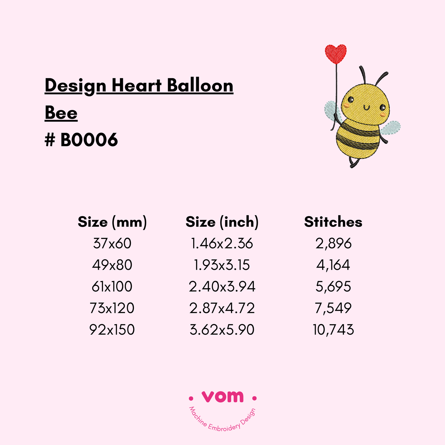 Heart Balloon Bee Embroidery Design - 5 Sizes
