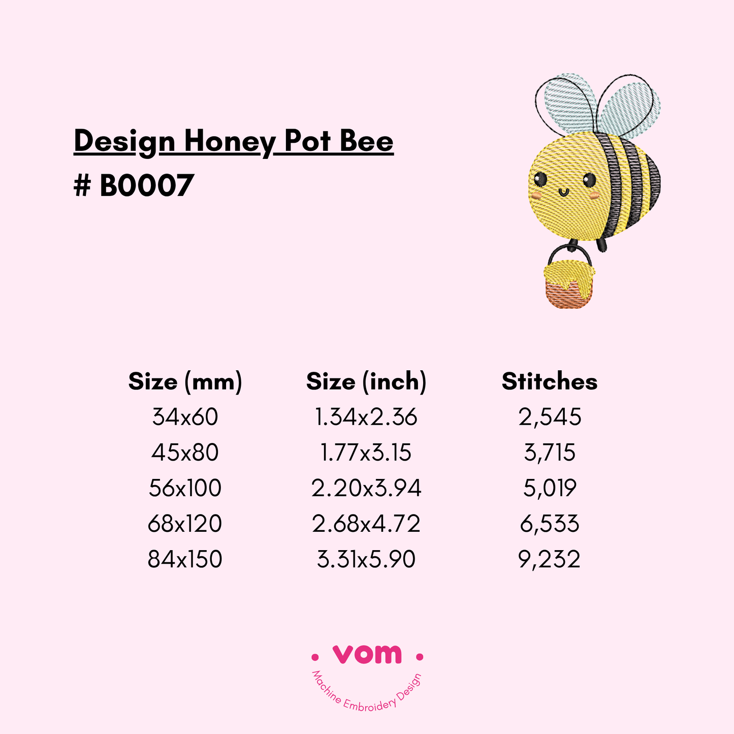 Honey Pot Bee Embroidery Design – Rippled Stitch in 5 Sizes
