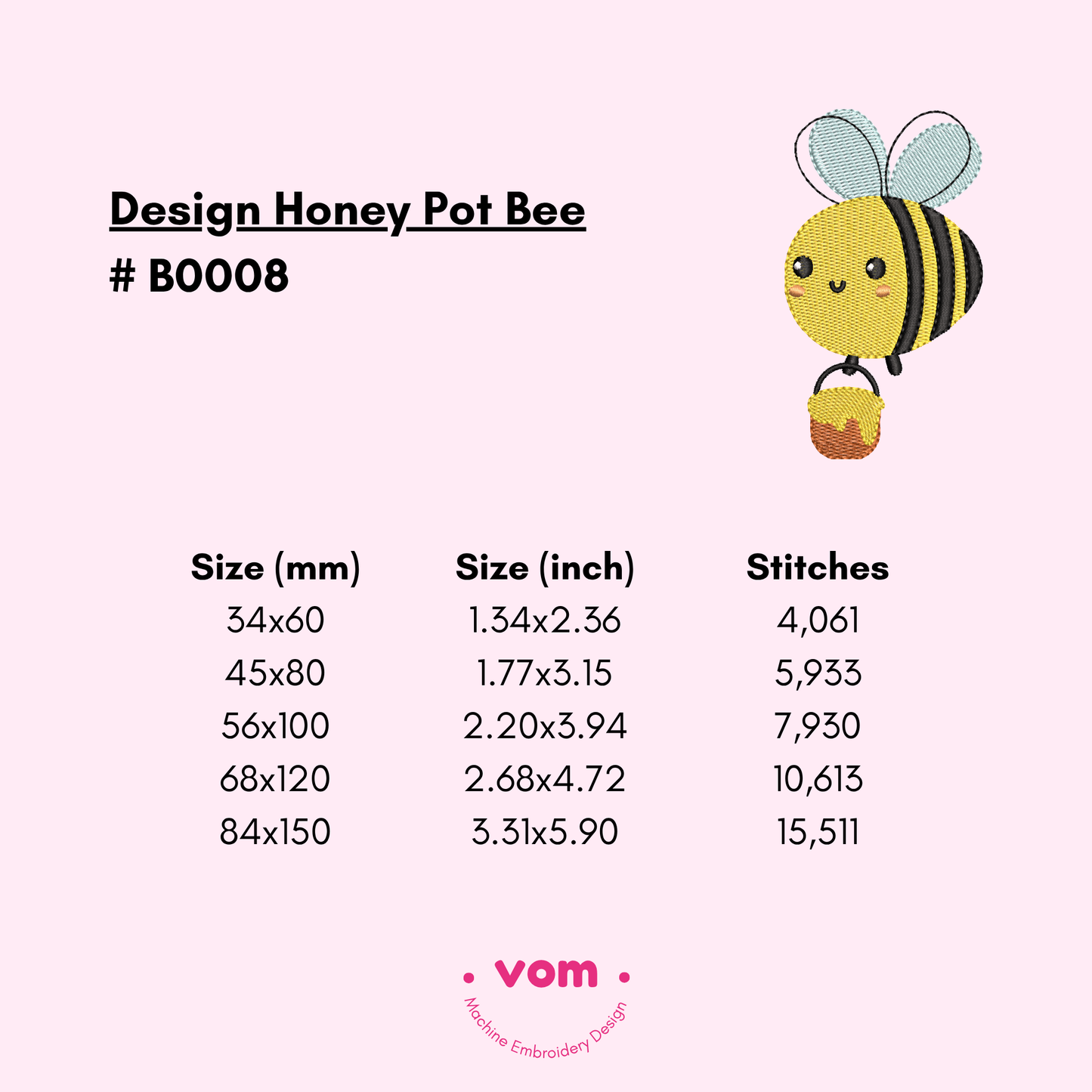 Honey Pot Bee Embroidery Design – Fill Stitch in 5 Sizes