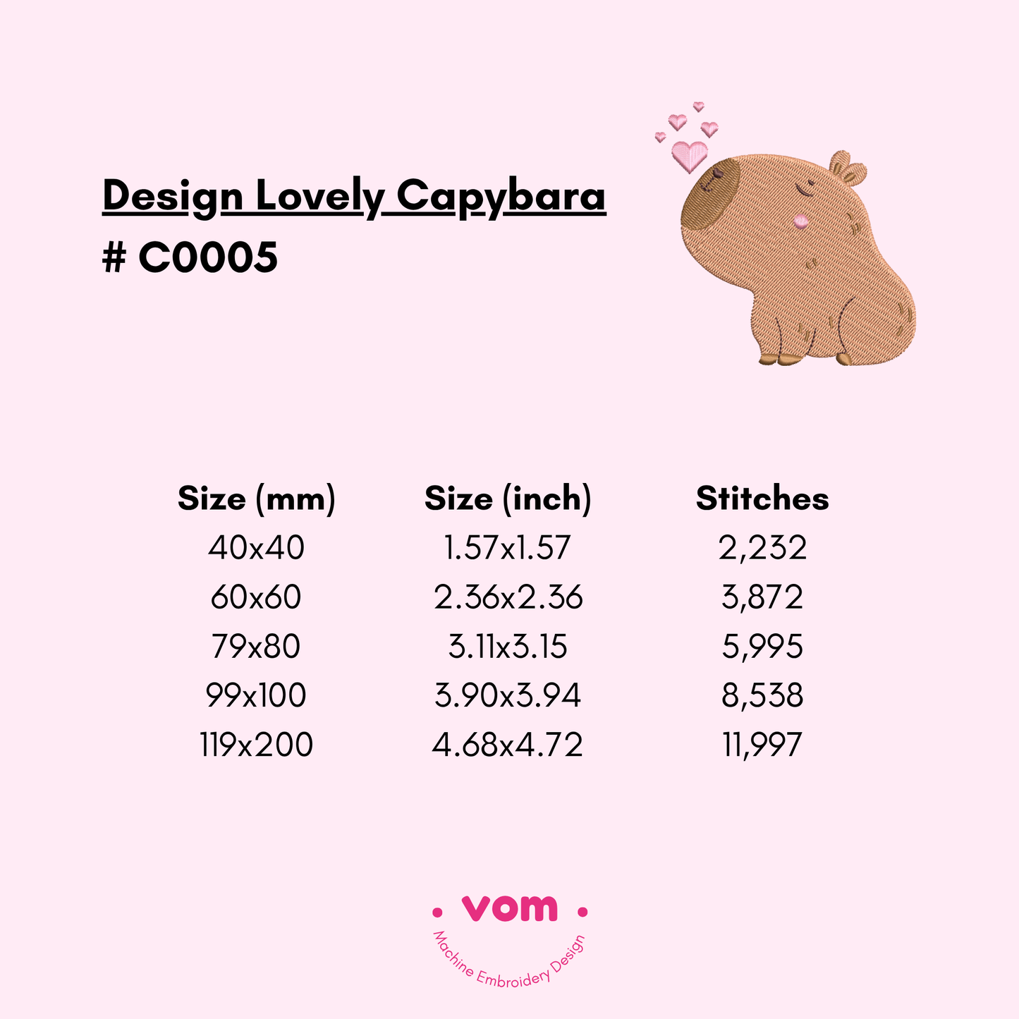 Lovely Capybara Embroidery File – Sweet Capybara with Floating Hearts in 5 Sizes