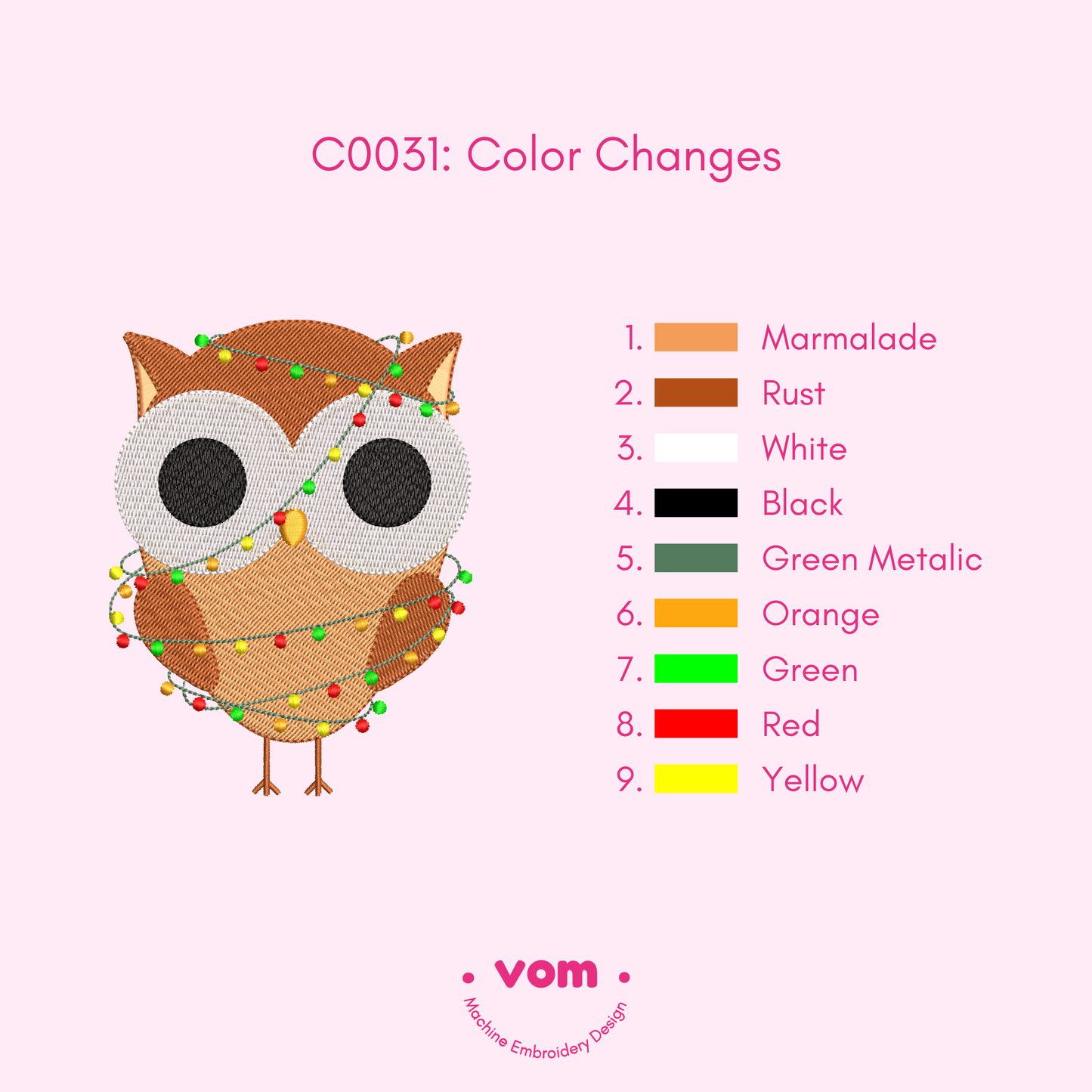 Christmas Owl Embroidery Design - Woodland Animals - Festive Lights Pattern - Digital File for Machine Embroidery - 7 Sizes