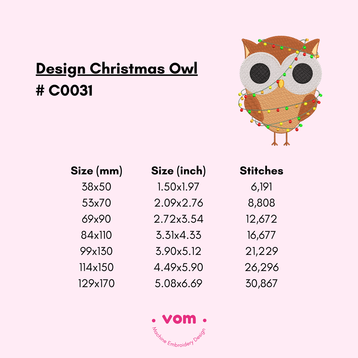Christmas Owl Embroidery Design - Woodland Animals - Festive Lights Pattern - Digital File for Machine Embroidery - 7 Sizes