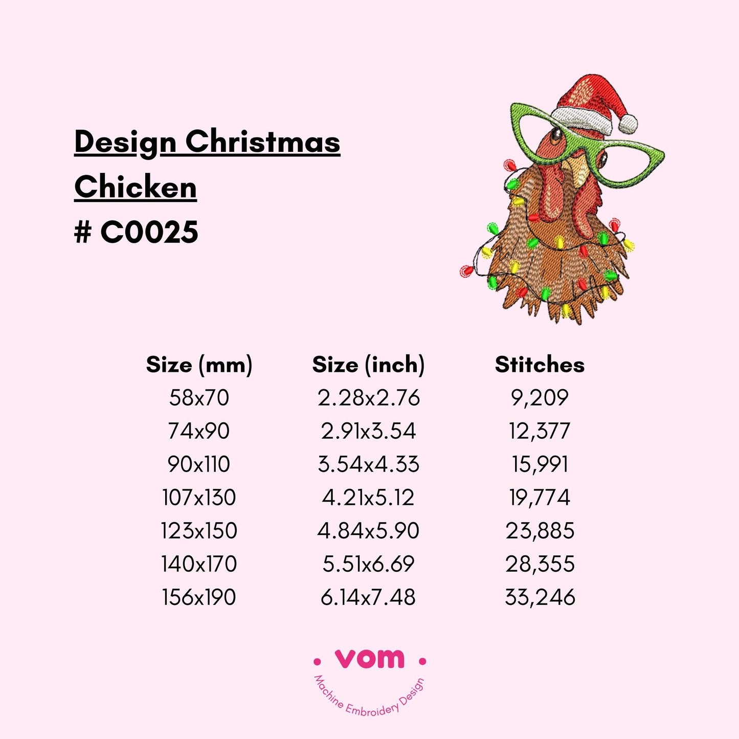 Christmas Chicken Embroidery Design - Santa Hat and Festive Lights Pattern - Digital File for Machine Embroidery - 7 Sizes