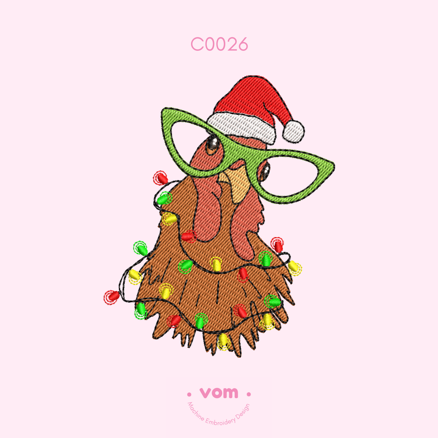 Christmas Chicken Embroidery Design - Santa Hat and Festive Lights Pattern - Digital File for Machine Embroidery - 7 Sizes