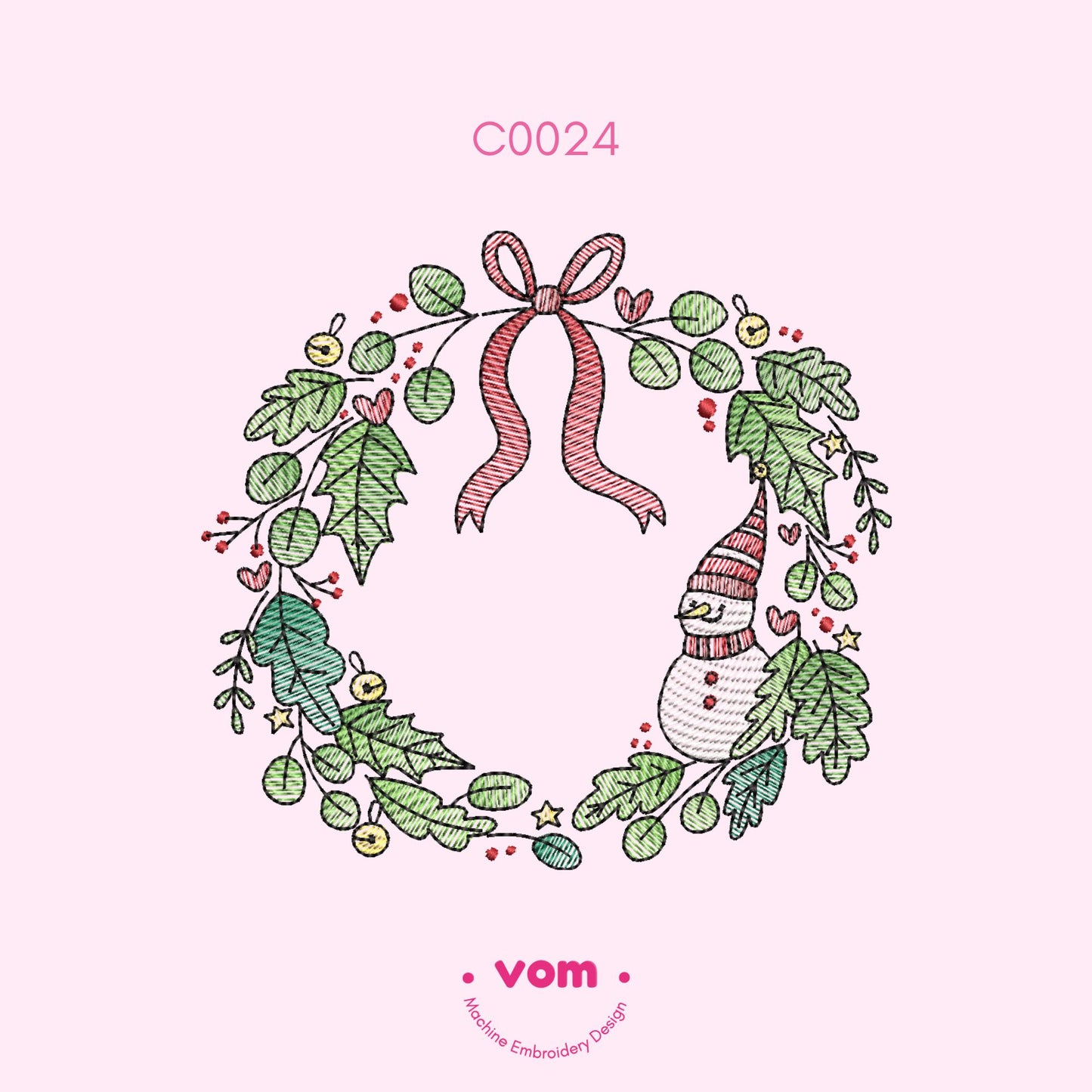 Christmas Wreath Rippled Embroidery Design - Snowman, Holly and Ribbon Festive Pattern - Digital File for Machine Embroidery - 6 Sizes