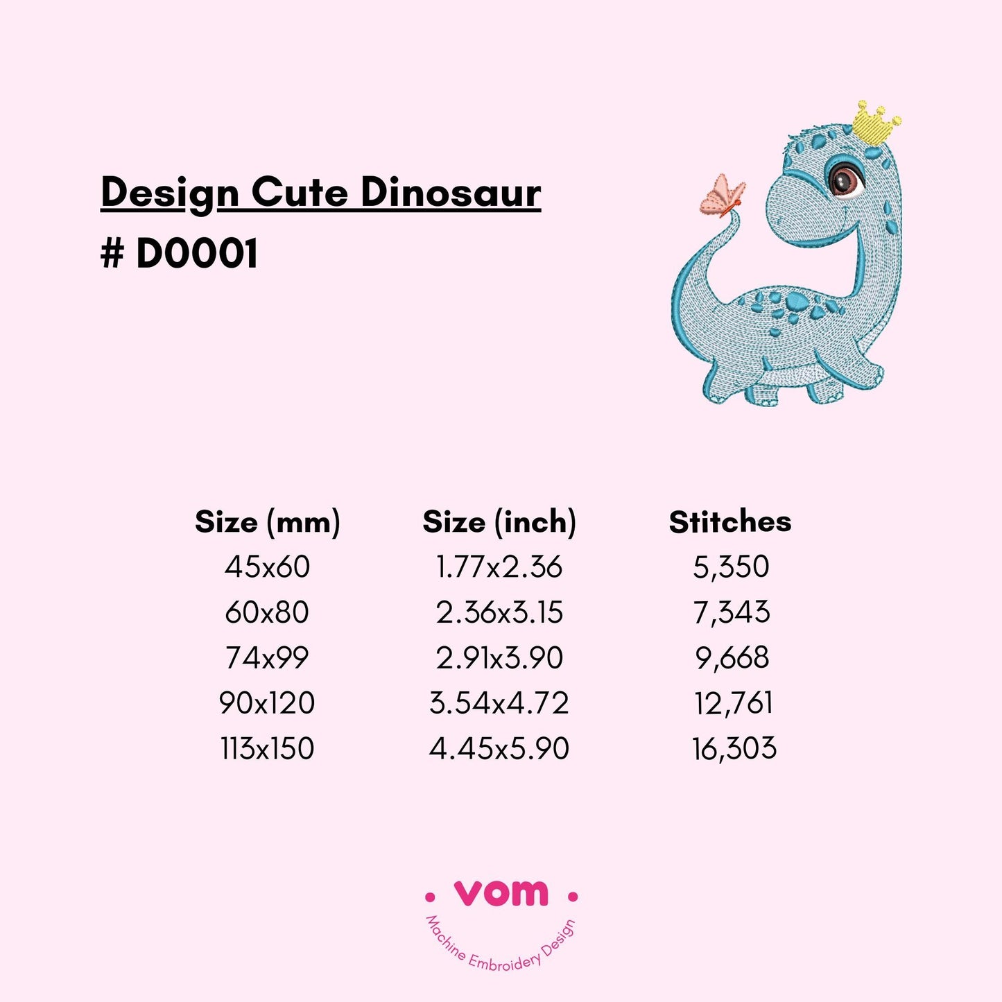 Cute Baby Dinosaur Embroidery Pattern - Instant Download - Rippled Stitch Design for Nursery - Machine Embroidery Design - 5 sizes!