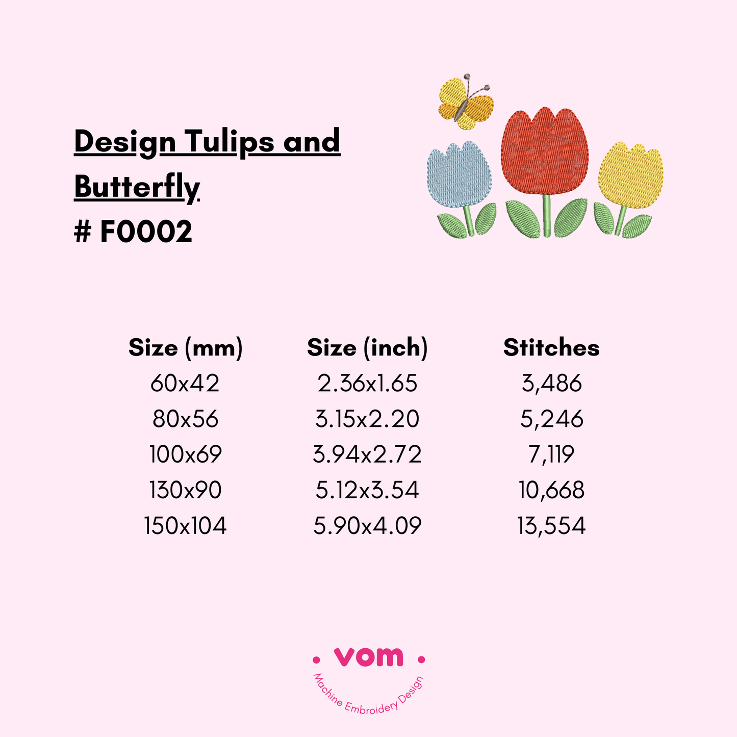 Tulip Flowers Embroidery Design – Spring Butterfly Pattern - 5 Sizes