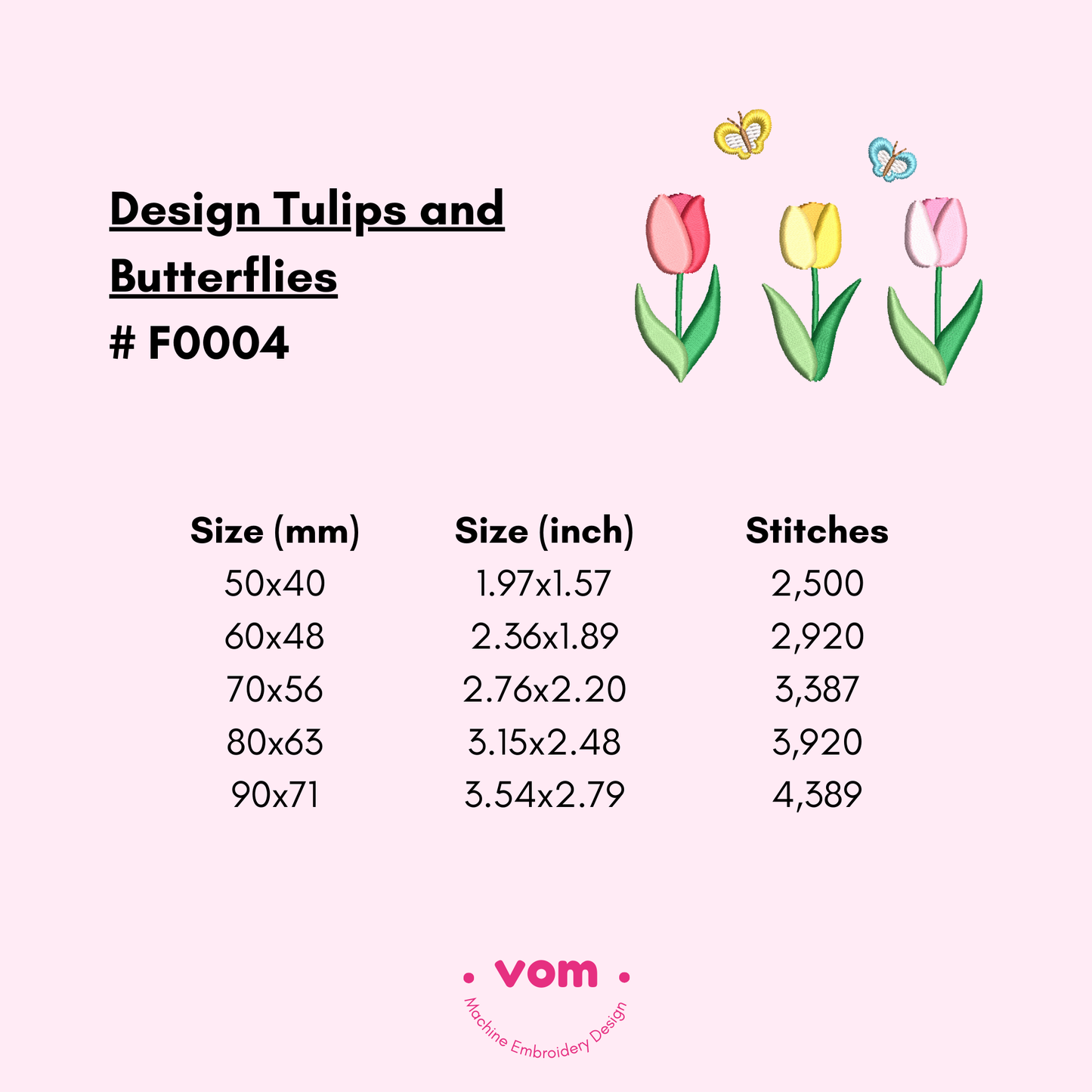 Tulip Flowers & Butterflies Embroidery Design – Spring Floral Pattern - 5 Sizes