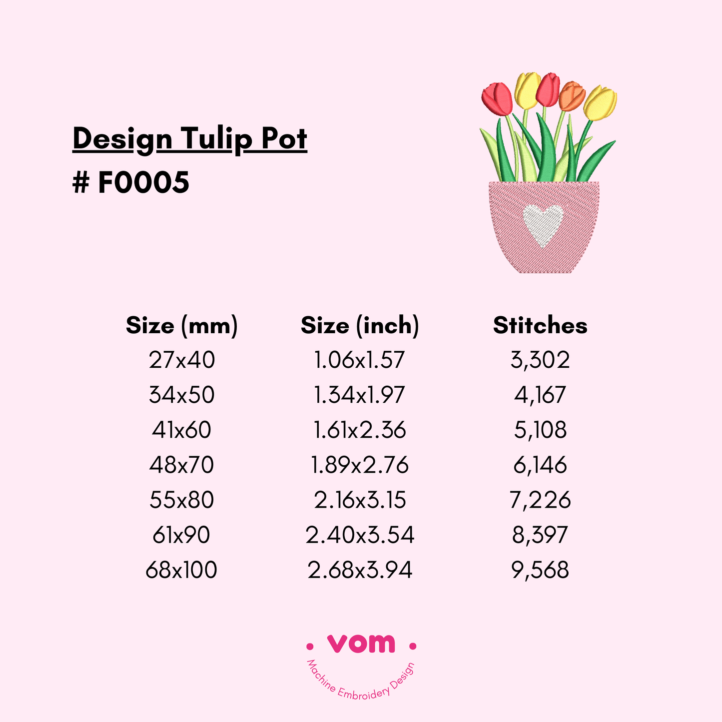 Tulip Pot Embroidery Design – Cute Spring Flowers Pattern - 7 Sizes