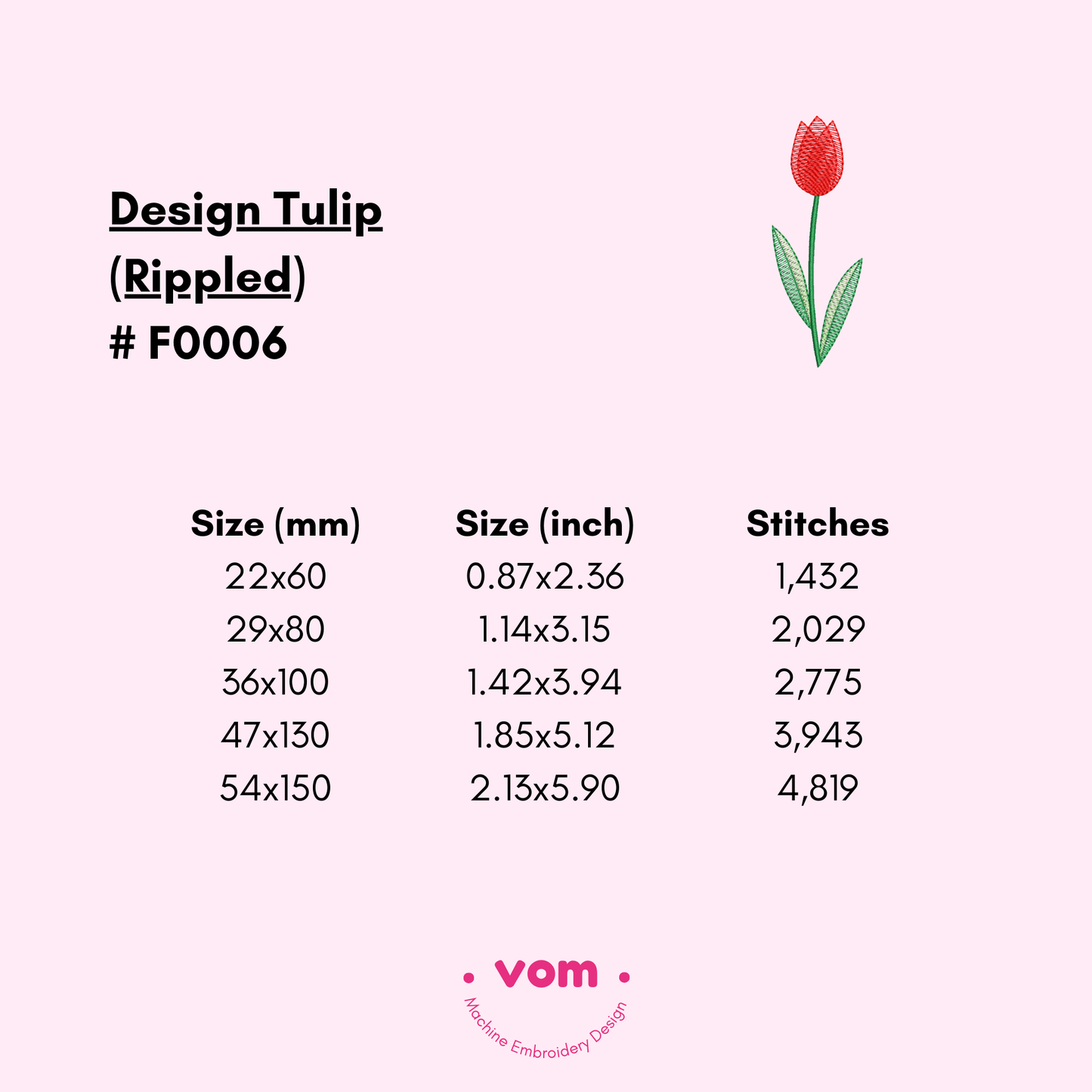 Tulip Embroidery Design – Rippled Stitch Flower Pattern - 5 Sizes