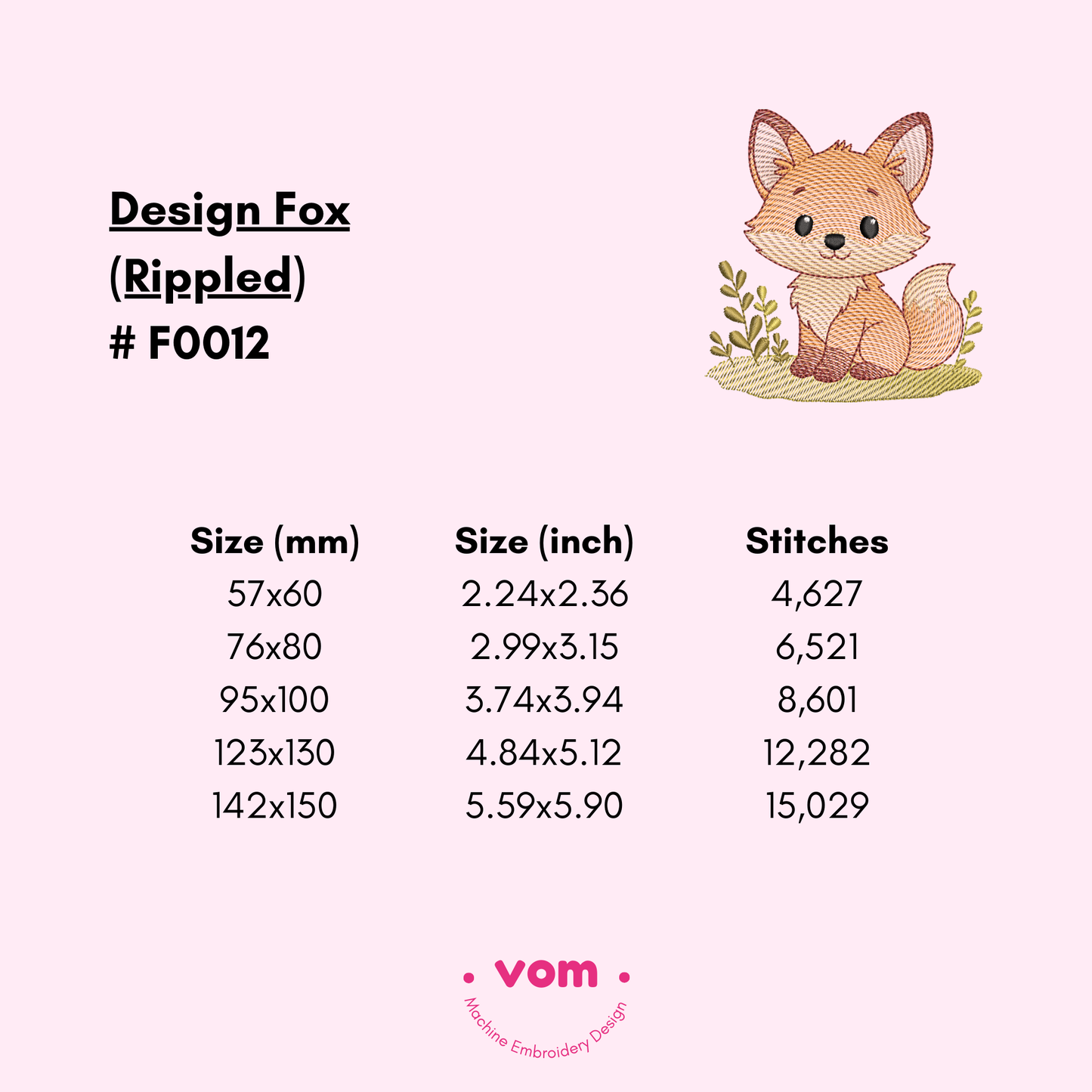 Rippled Fox Embroidery Design - Cute Baby Woodland Animal Pattern - 5 Sizes