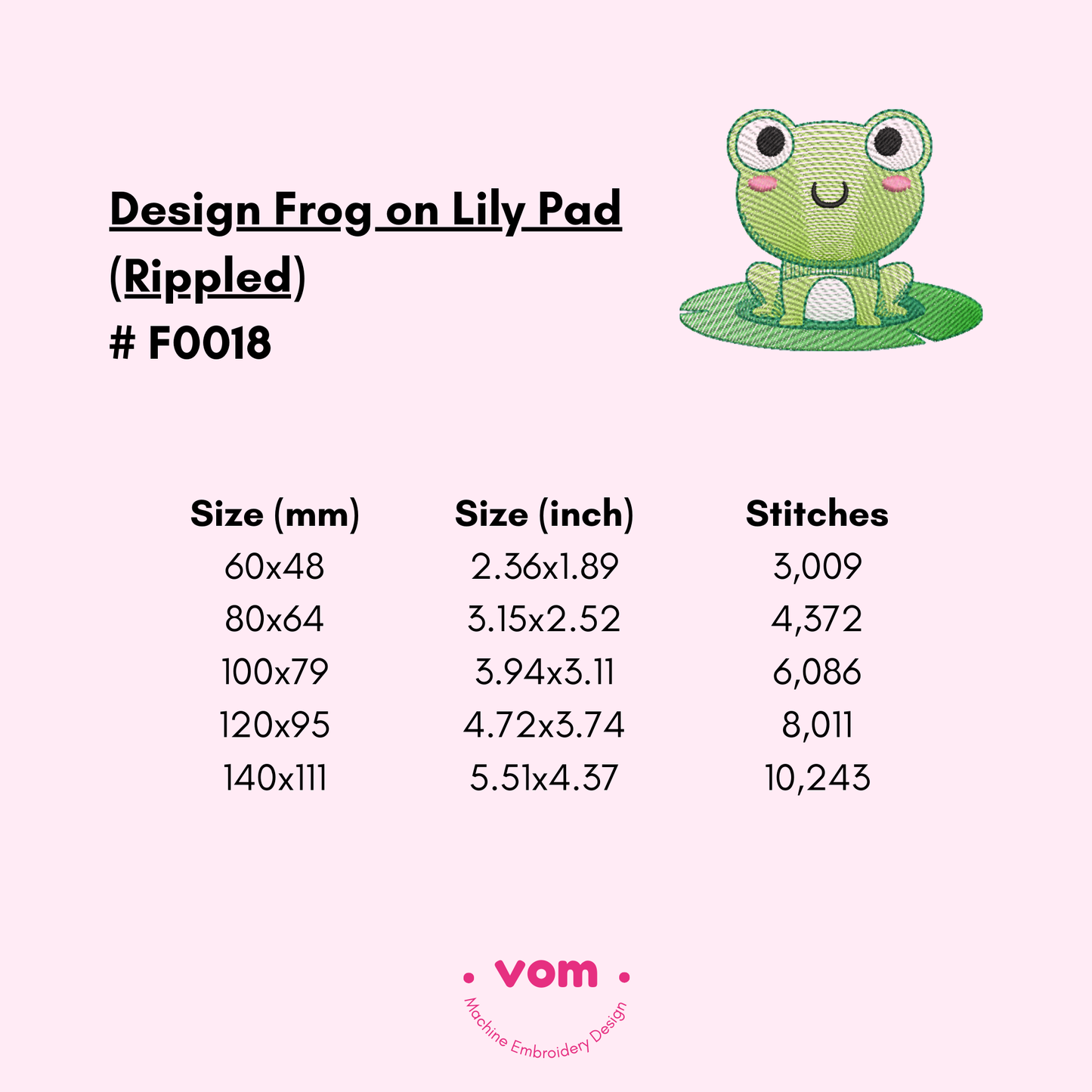 Rippled Frog on Lily Pad Embroidery Design - 5 Sizes Digital Pattern