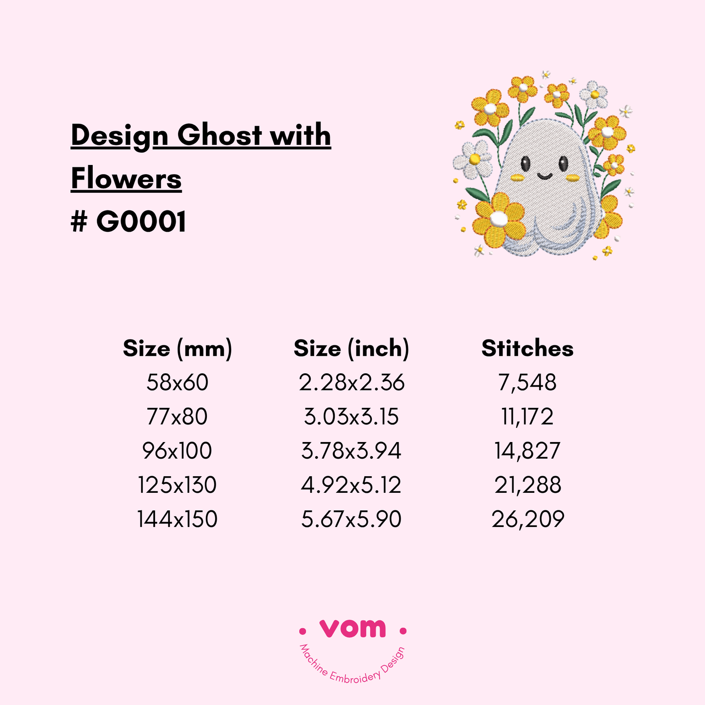 Floral Ghost Embroidery Design - Cute Halloween Spirit with Flowers - 5 Sizes