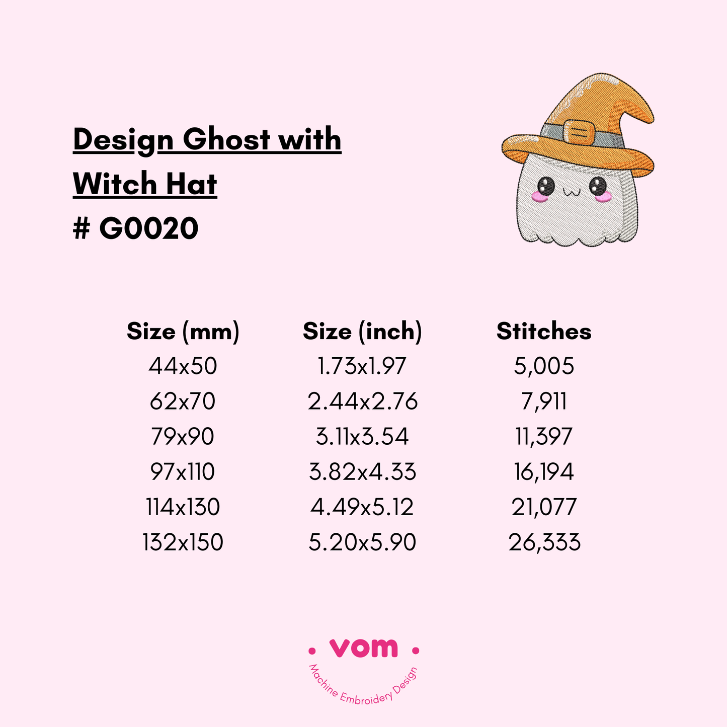 Cute Ghost with Witch Hat Embroidery Design - Halloween Fun - 6 Sizes