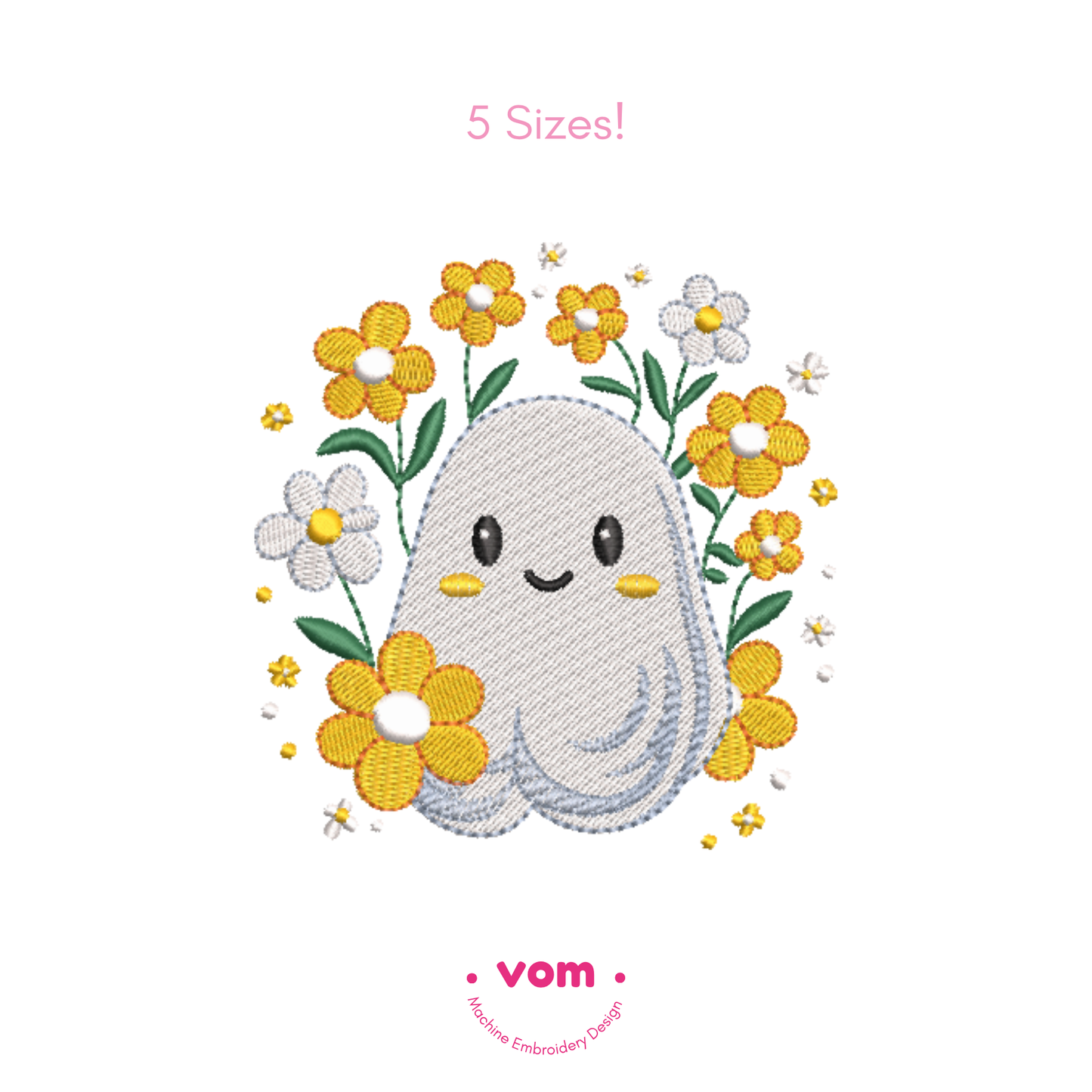 Floral Ghost Embroidery Design - Cute Halloween Spirit with Flowers - 5 Sizes