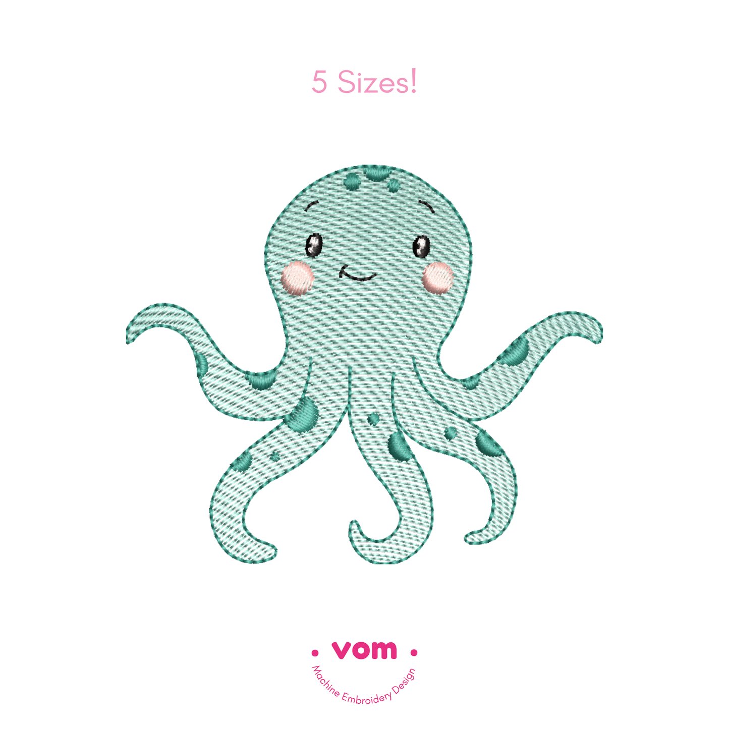 Happy Octopus Rippled Embroidery Design – Lightweight Sea Creature in 5 Sizes