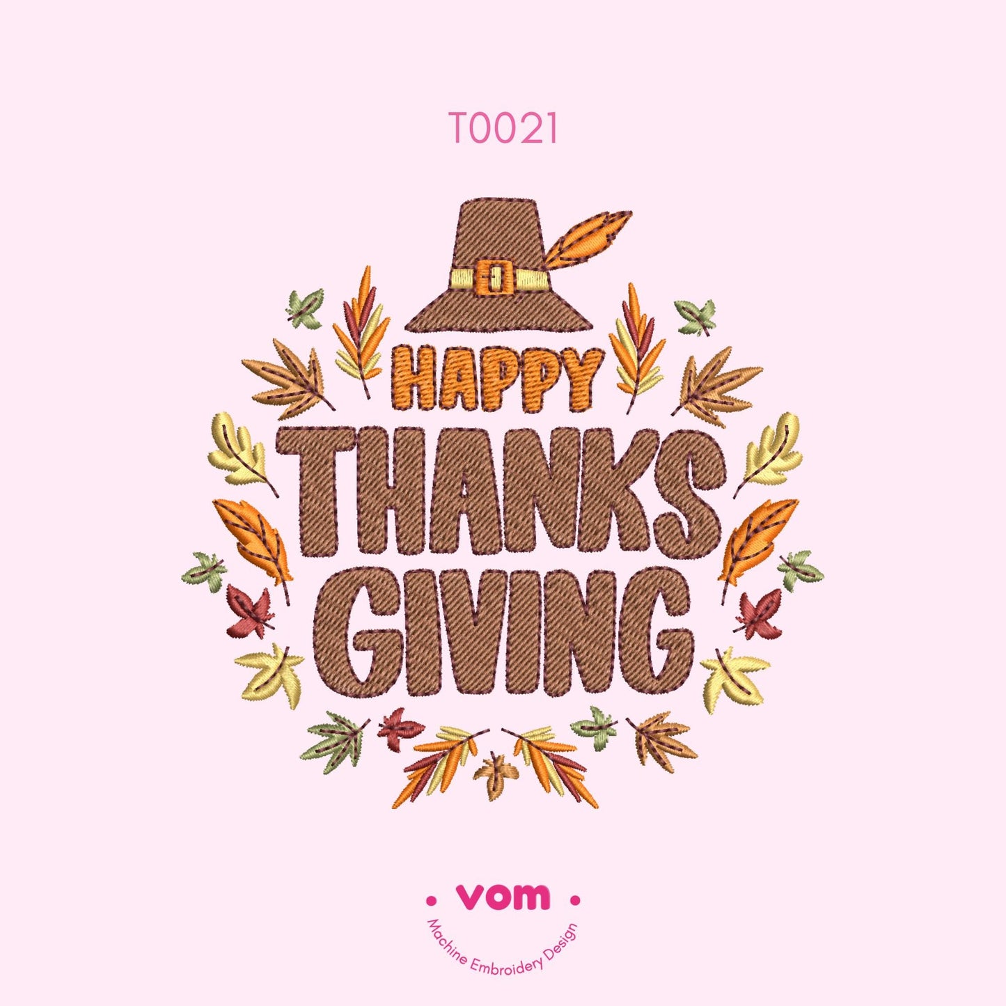 Happy Thanksgiving Embroidery Design - Festive Fall Leaves and Pilgrim Hat Pattern for Thanksgiving Decor - 5 Sizes