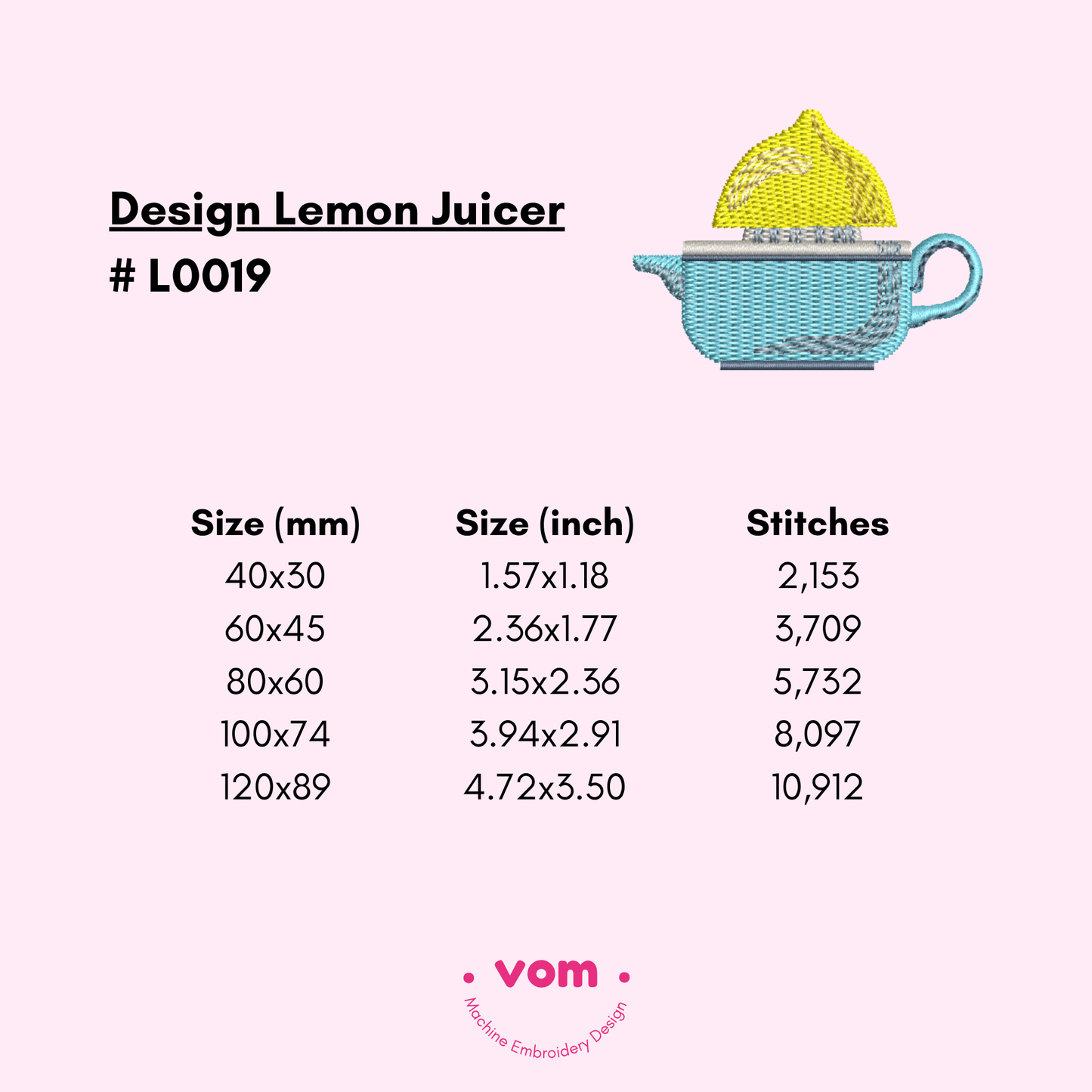 Lemon Juicer Embroidery Design - Cute Citrus Squeezer in Teapot Shape - 5 Sizes