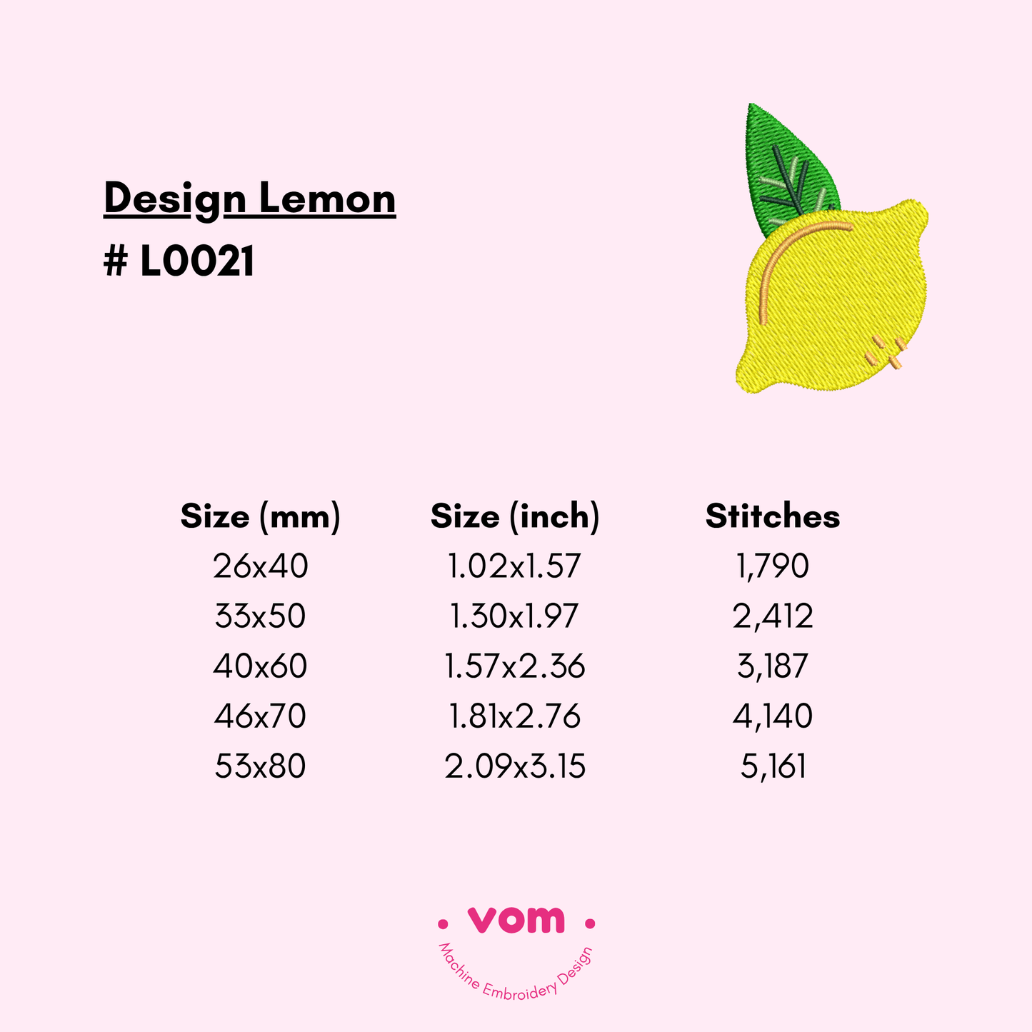Lemon Embroidery Design - Mini Fresh Fruit Pattern in 5 Sizes