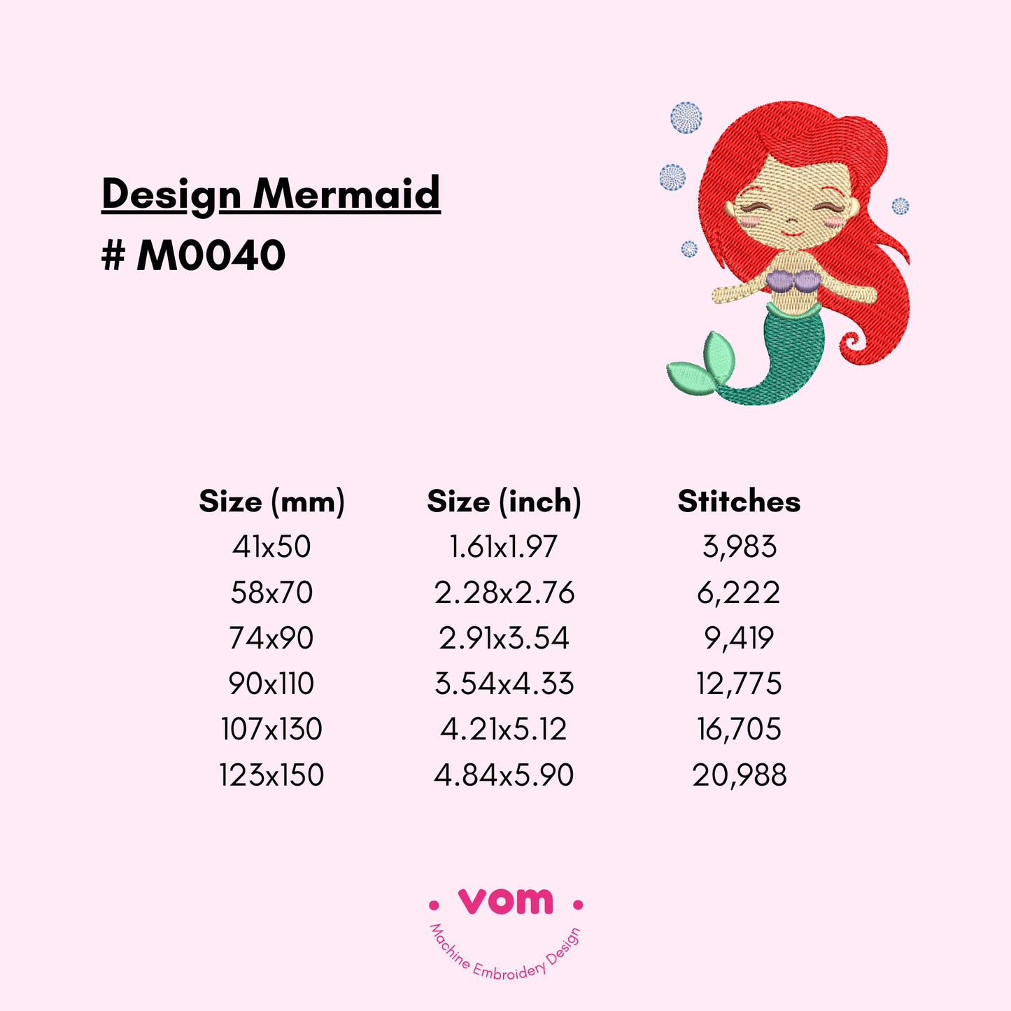 Cute Mermaid Embroidery Design – Adorable Little Sea Princess in 6 Sizes