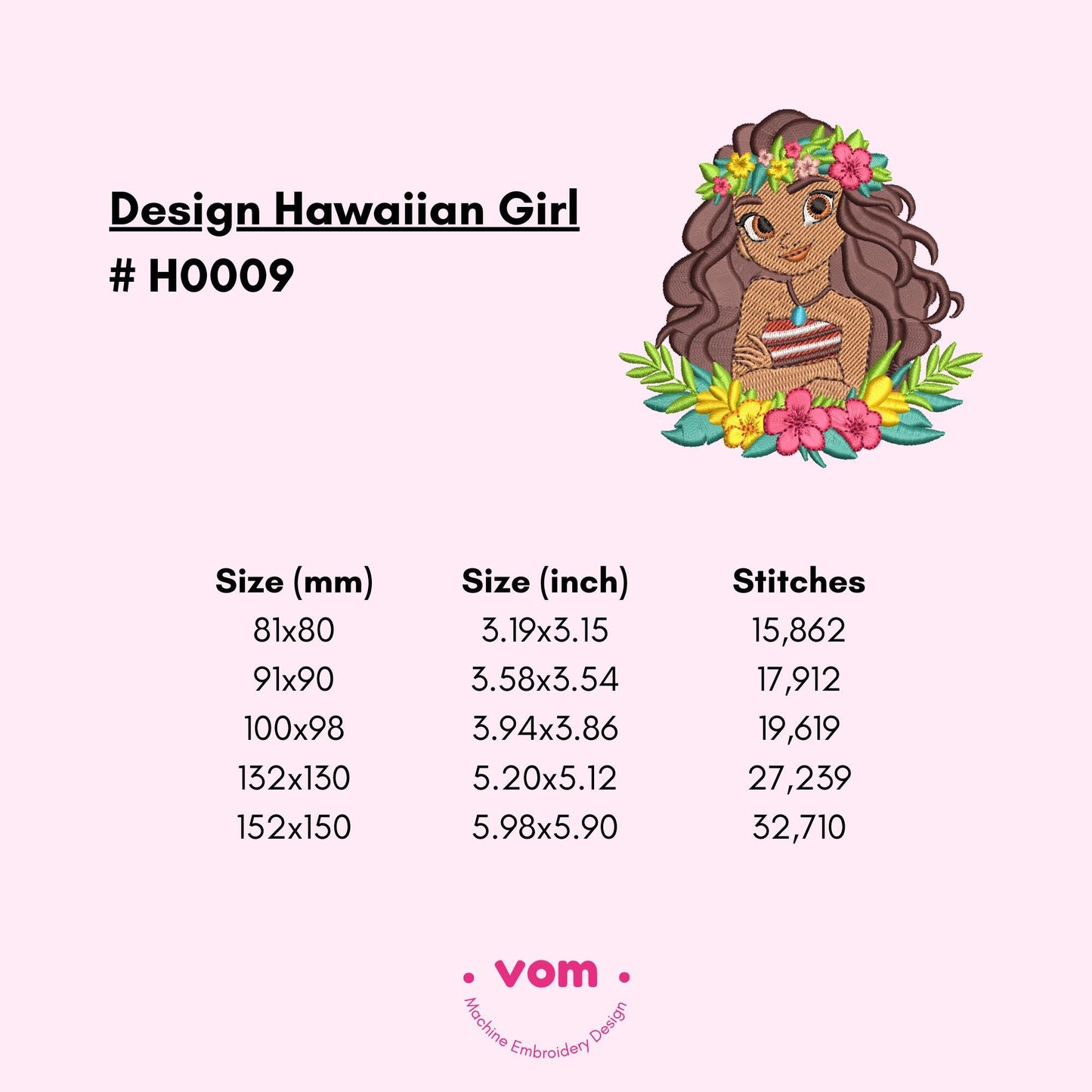 Moana - Hawaiian Girl Embroidery Design - Tropical Floral Princess Pattern - Aloha Spirit File - Digital Pattern for Embroidery Machine - 5 Sizes