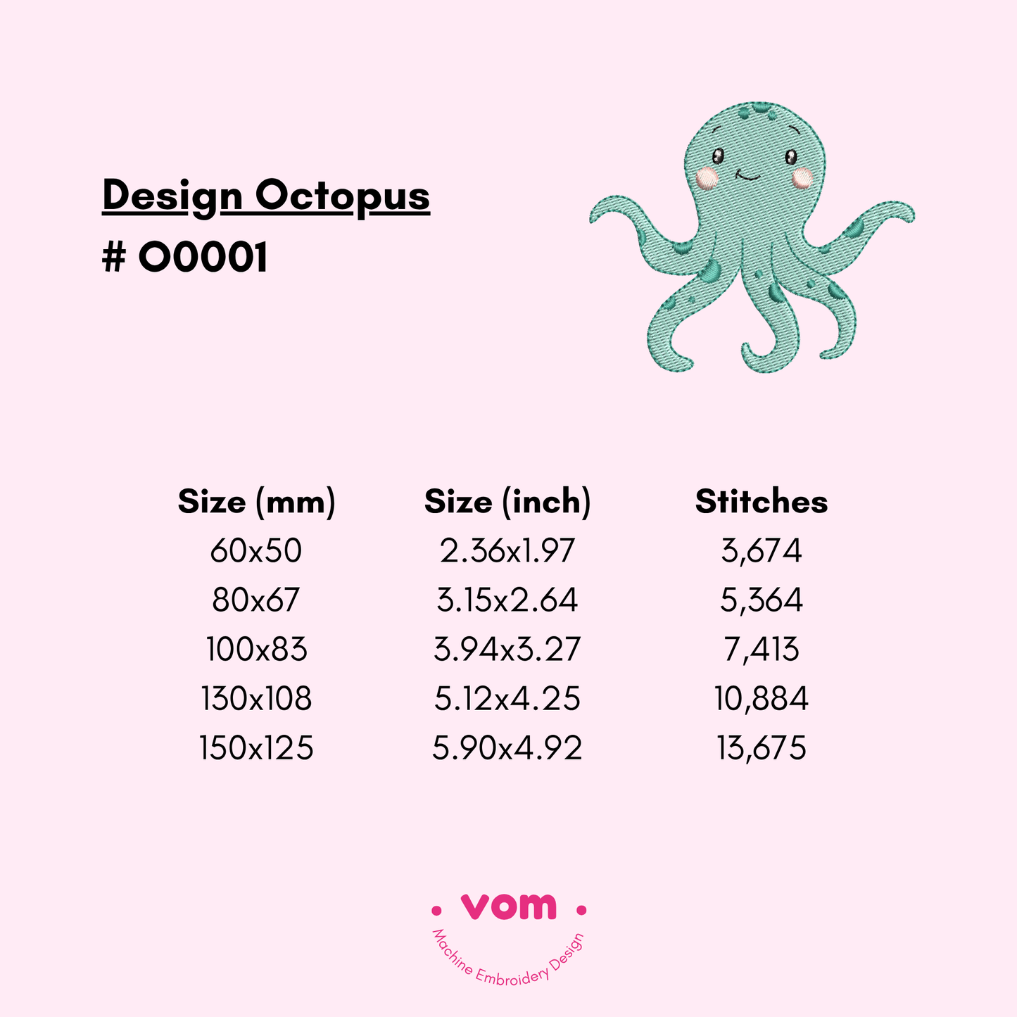 Happy Octopus Embroidery Design - Cute Sea Creature in 5 Sizes