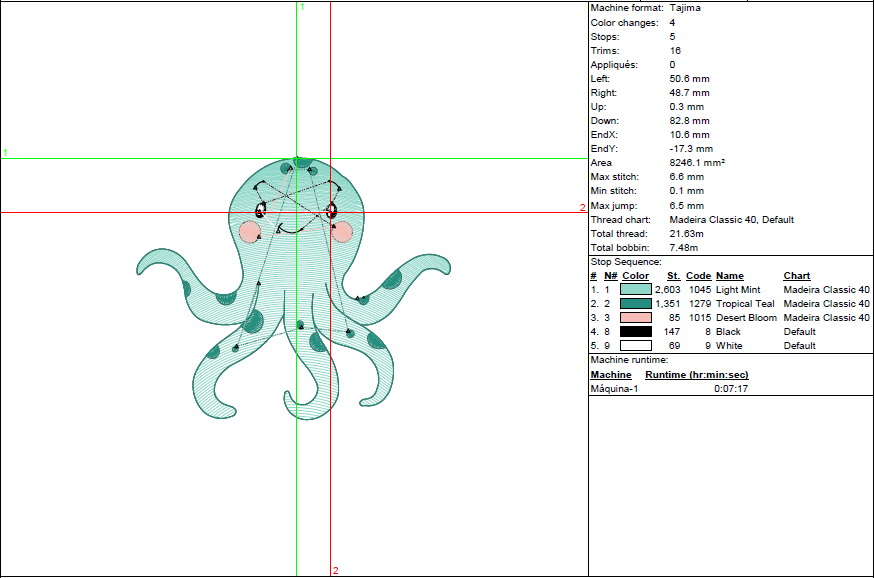 Rippled - Diseño de Bordado Pulpo feliz - Bordado ligero de Criatura Marina - 5 tamaños