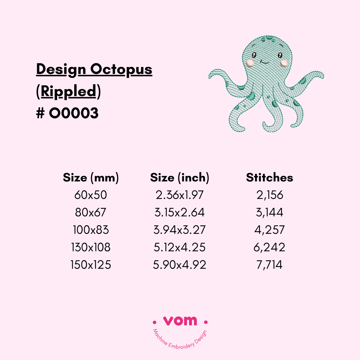 Rippled - Diseño de Bordado Pulpo feliz - Bordado ligero de Criatura Marina - 5 tamaños