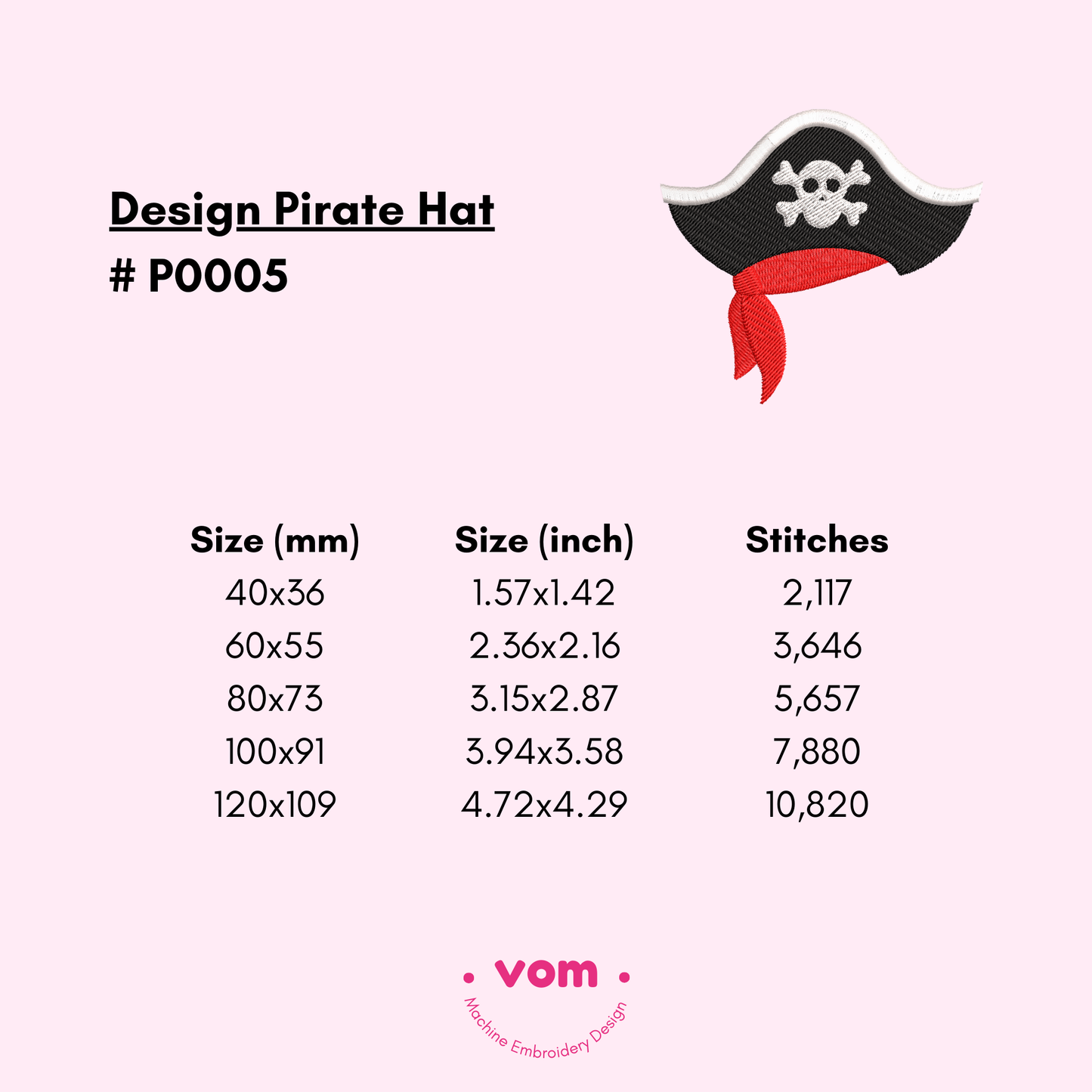 Pirate Hat Embroidery Design - Fill Stitch in 5 Sizes