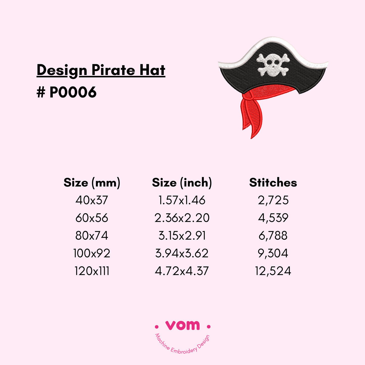 Pirate Hat Embroidery Design - Outlined Stitch in 5 Sizes