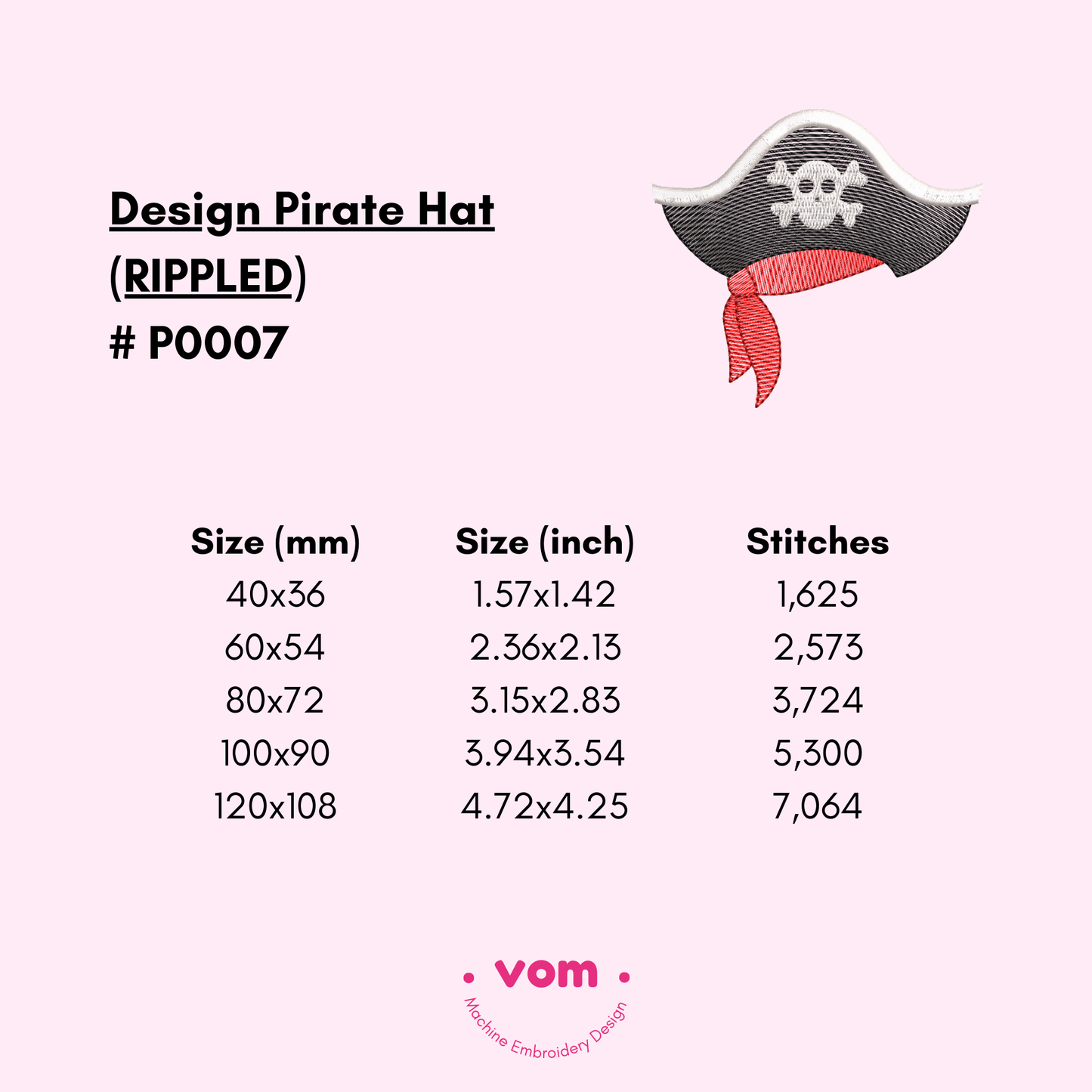 Pirate Hat Embroidery Design - RIPPLED - 5 Sizes