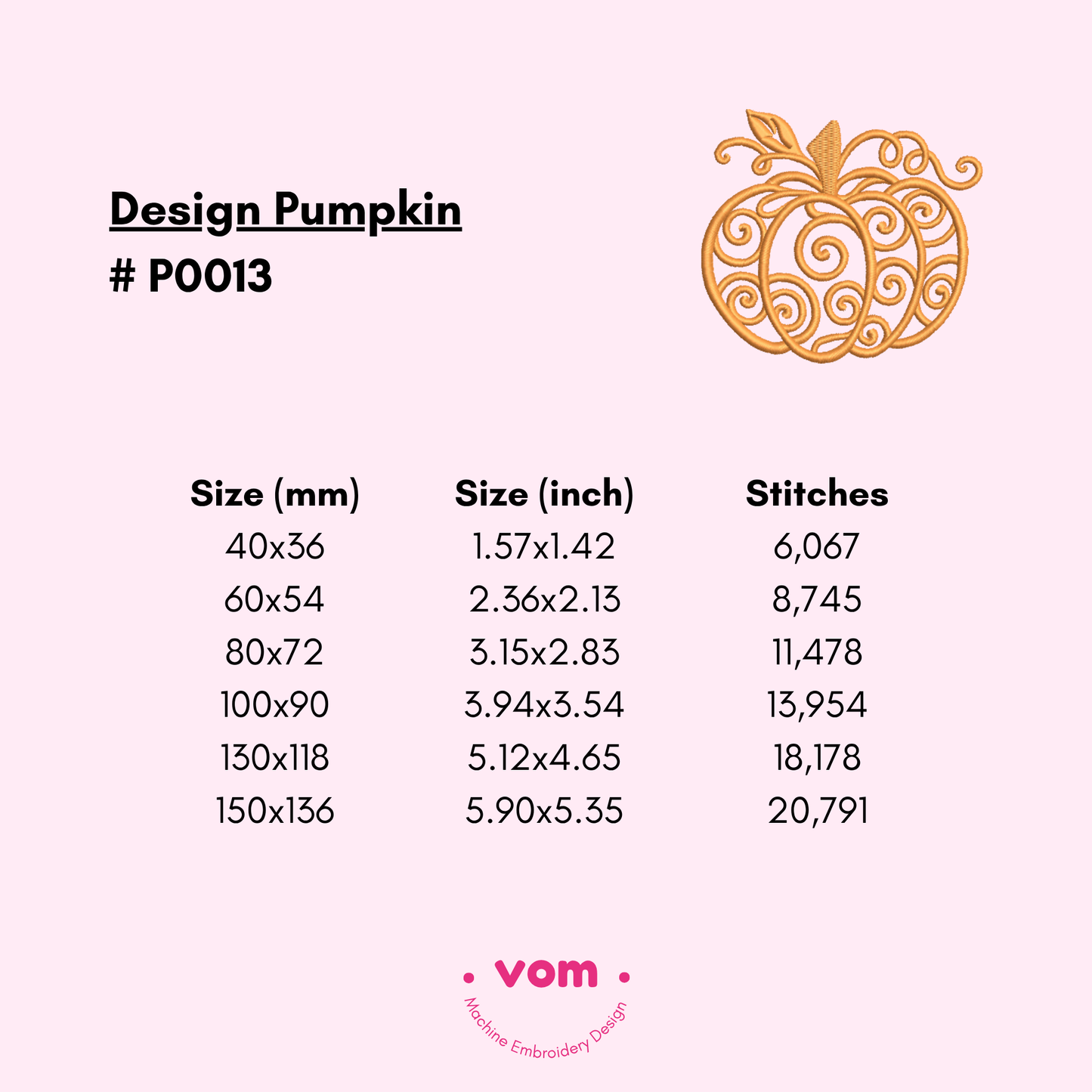 Swirly Pumpkin Embroidery Design - Elegant Autumn Pattern in 6 Sizes