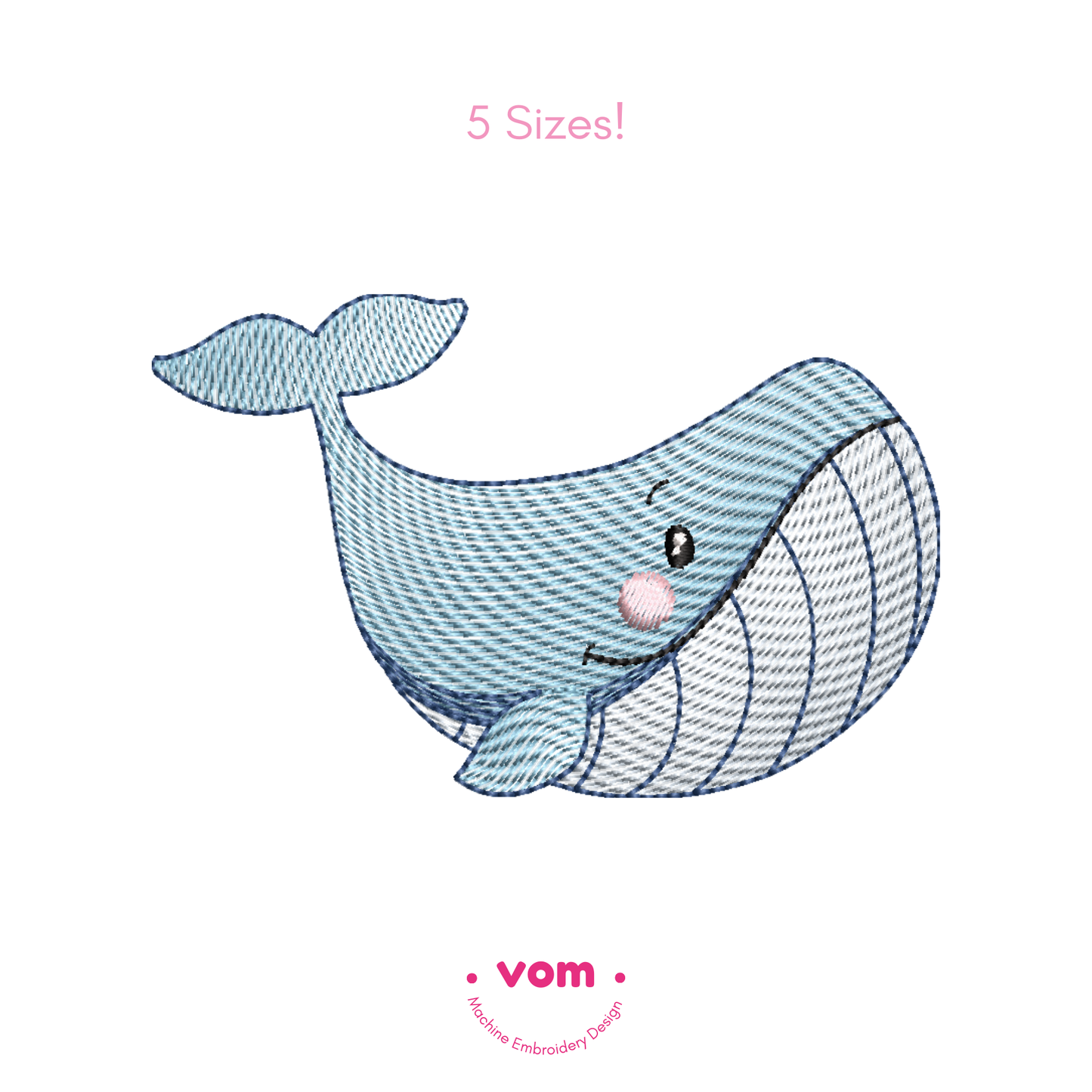 Cute Whale Embroidery Design – Rippled Ocean Friend in 5 Sizes