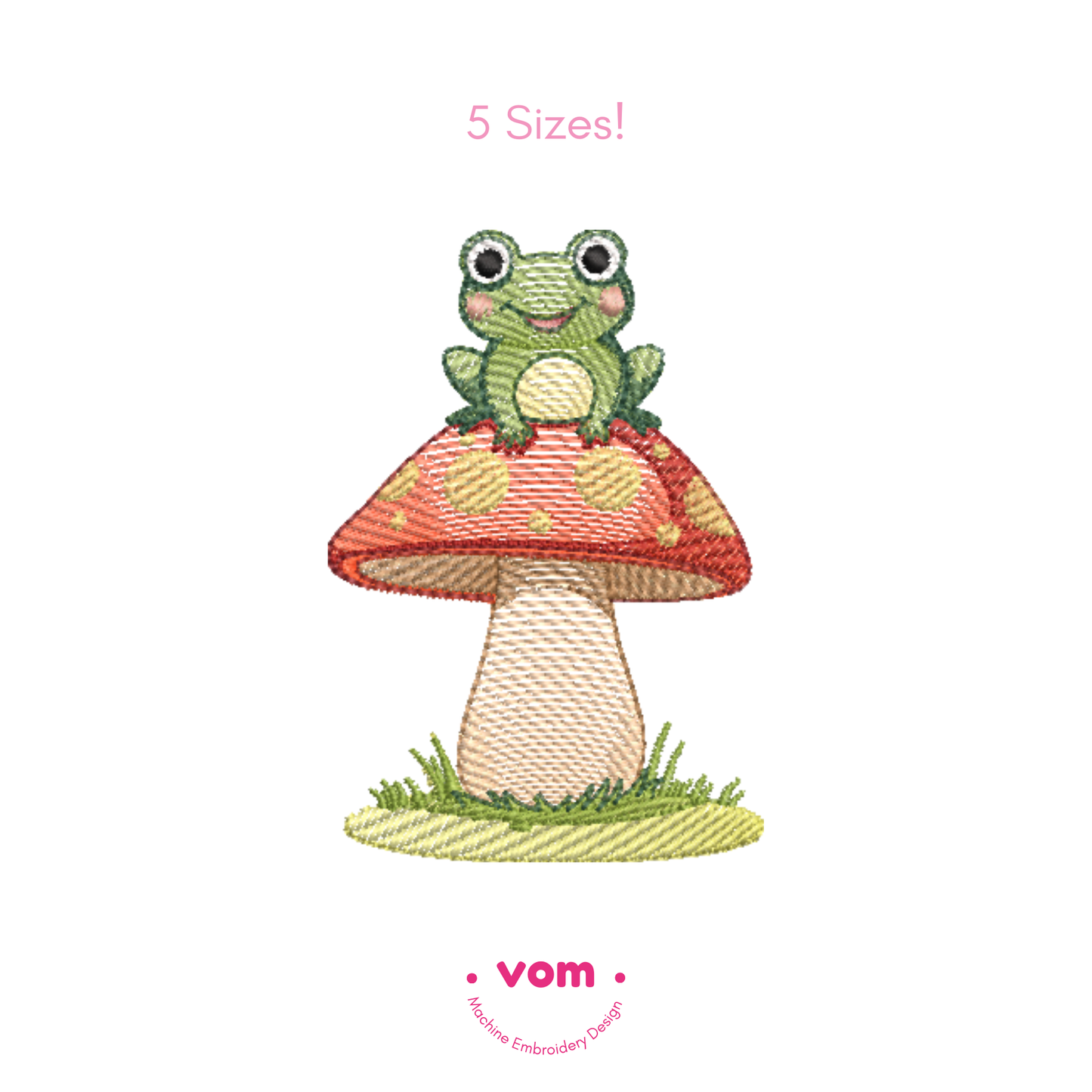 Rippled Frog on Mushroom Embroidery Design – Cute Toadstool Pattern for Baby & Kids Projects (5 Sizes)