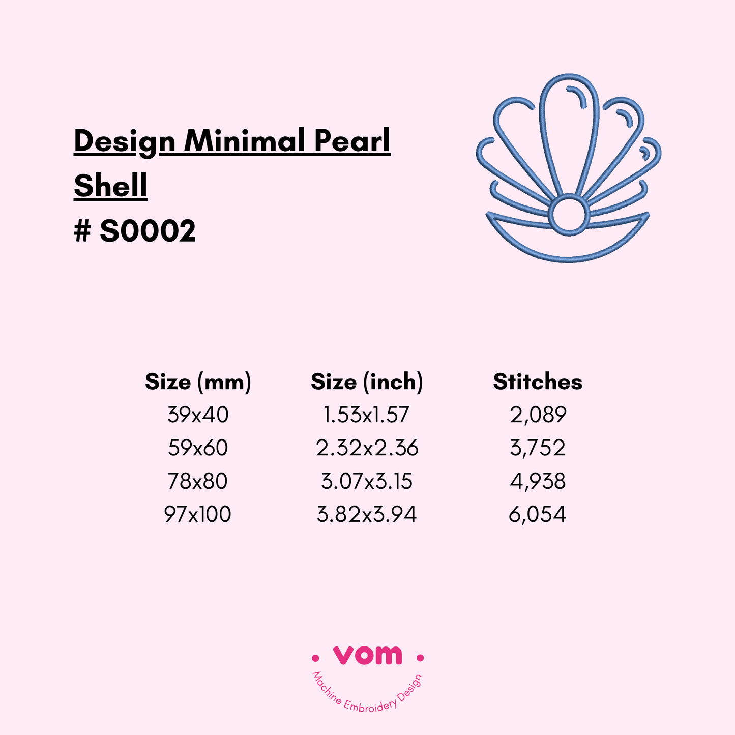 Minimal Pearl Shell Embroidery Design - Simple Seashell Outline with Pearl - 4 Sizes