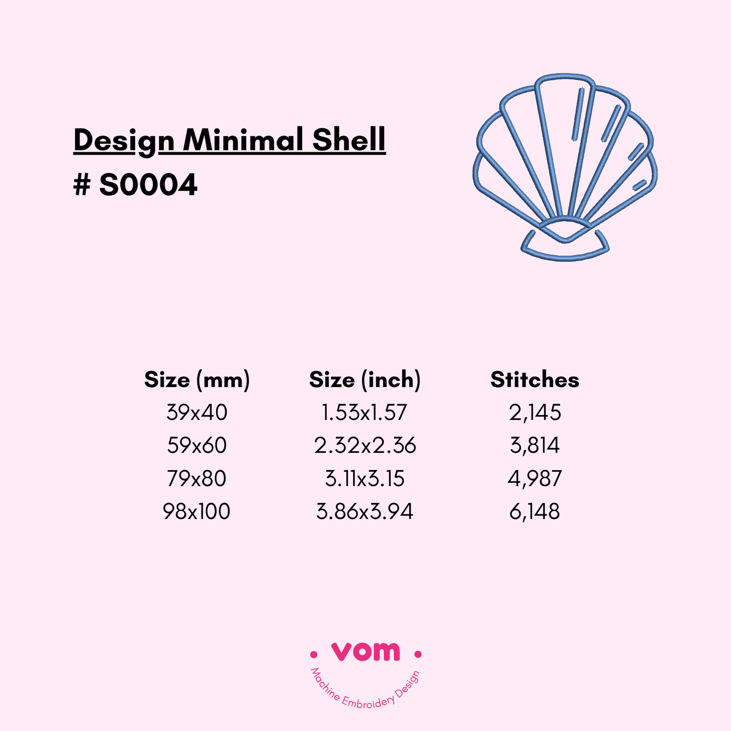Minimal Shell Embroidery Design - Simple Seashell Outline - 4 Sizes