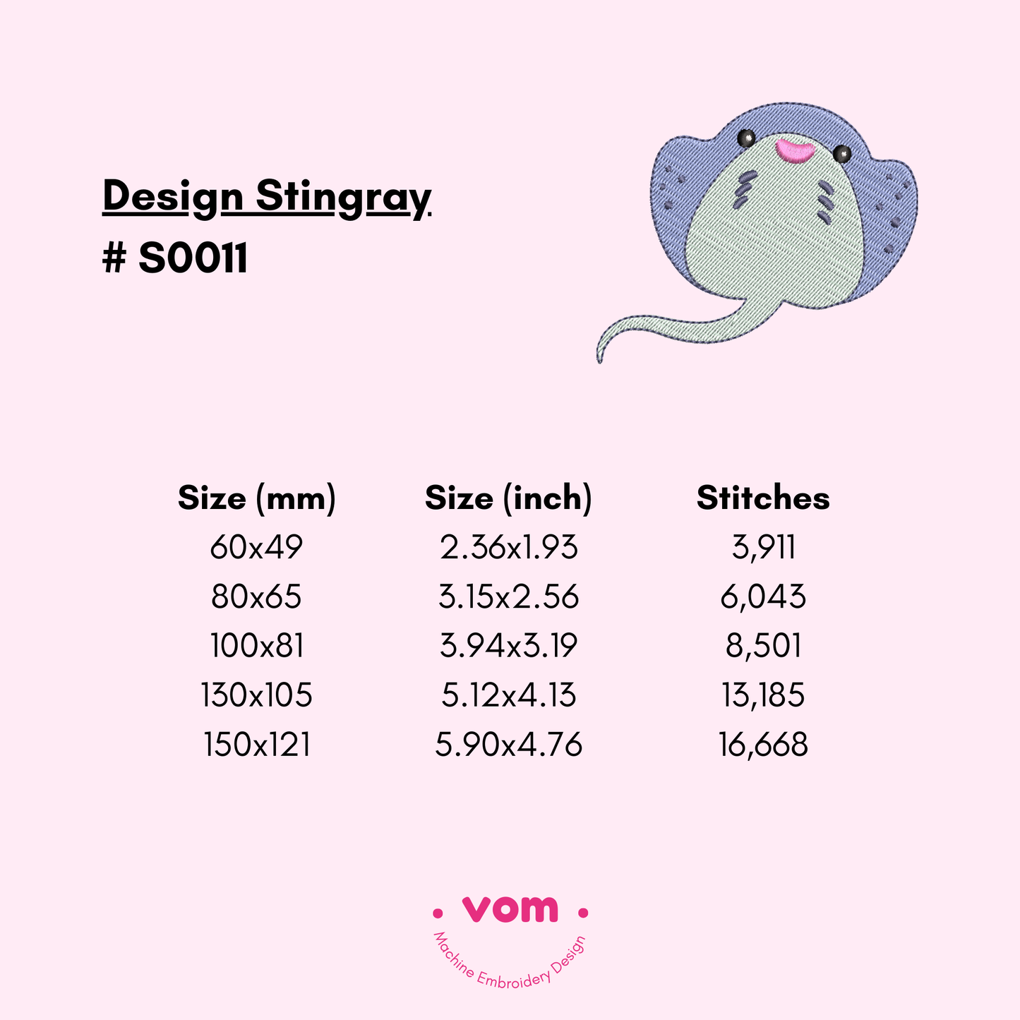 Cute Stingray Embroidery Design – Ocean Animal Pattern in 5 Sizes