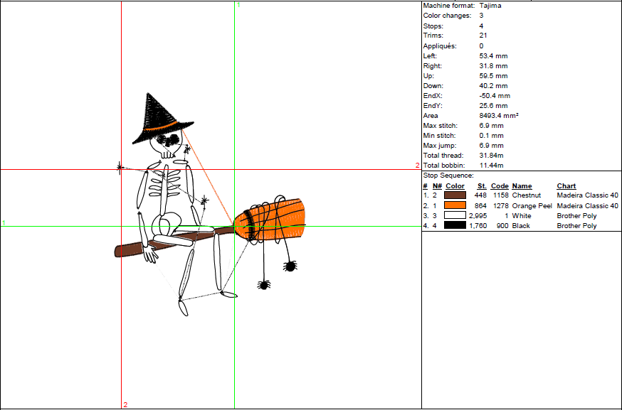 Spooky Skeleton on Broom Embroidery Design - Cute Halloween Witch Pattern - 5 Sizes
