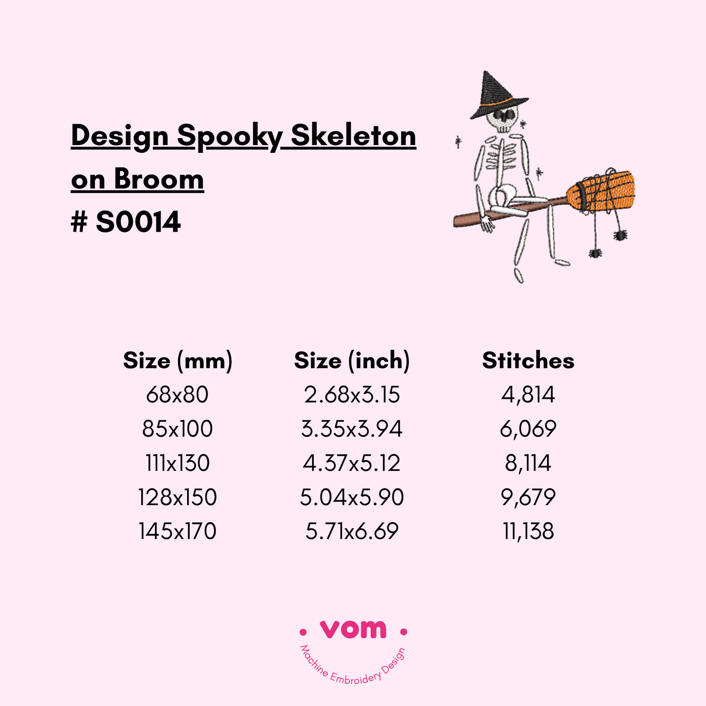 Spooky Skeleton on Broom Embroidery Design - Cute Halloween Witch Pattern - 5 Sizes