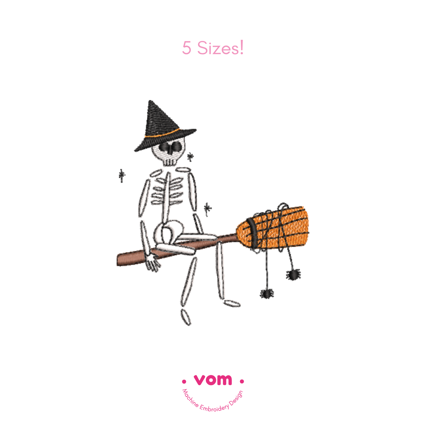 Spooky Skeleton on Broom Embroidery Design - Cute Halloween Witch Pattern - 5 Sizes