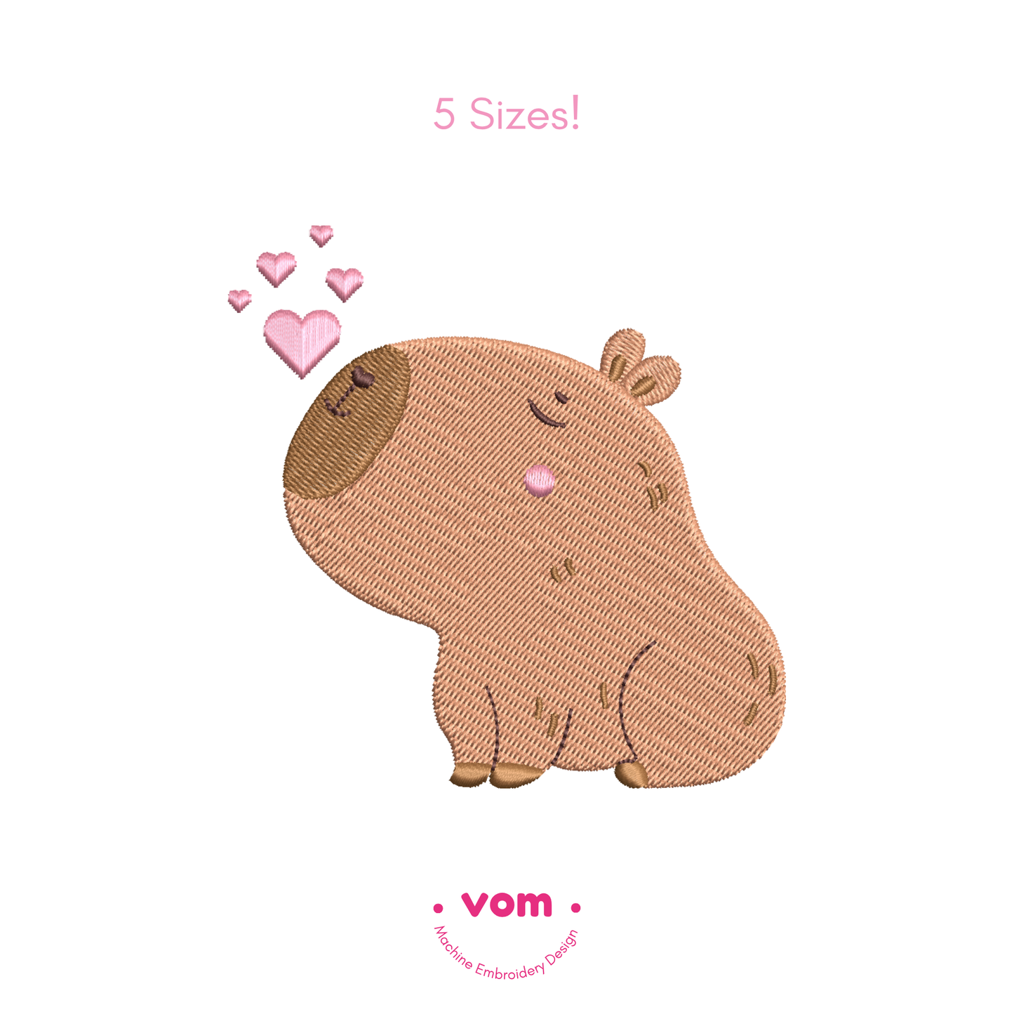 Lovely Capybara Embroidery File – Sweet Capybara with Floating Hearts in 5 Sizes