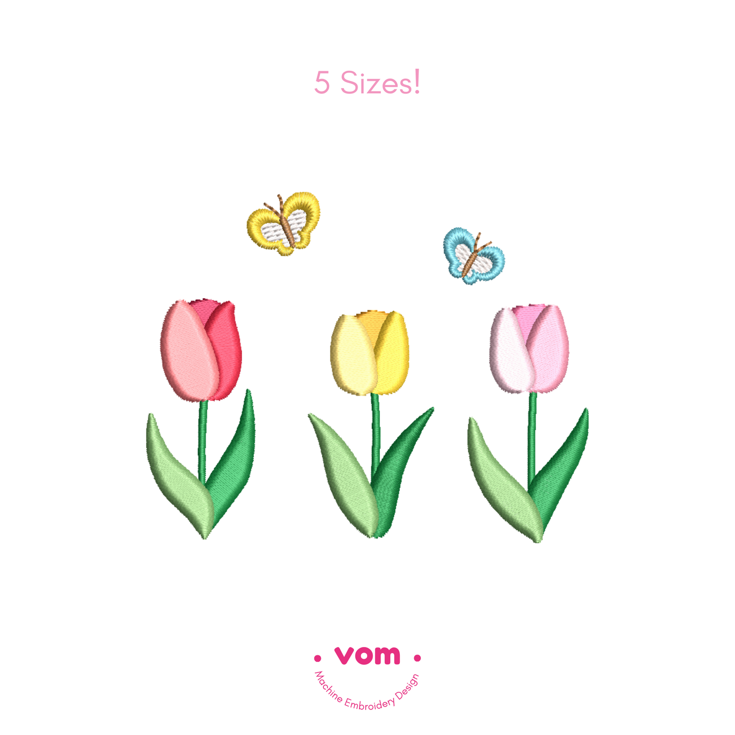 Tulip Flowers & Butterflies Embroidery Design – Spring Floral Pattern (5 Sizes)