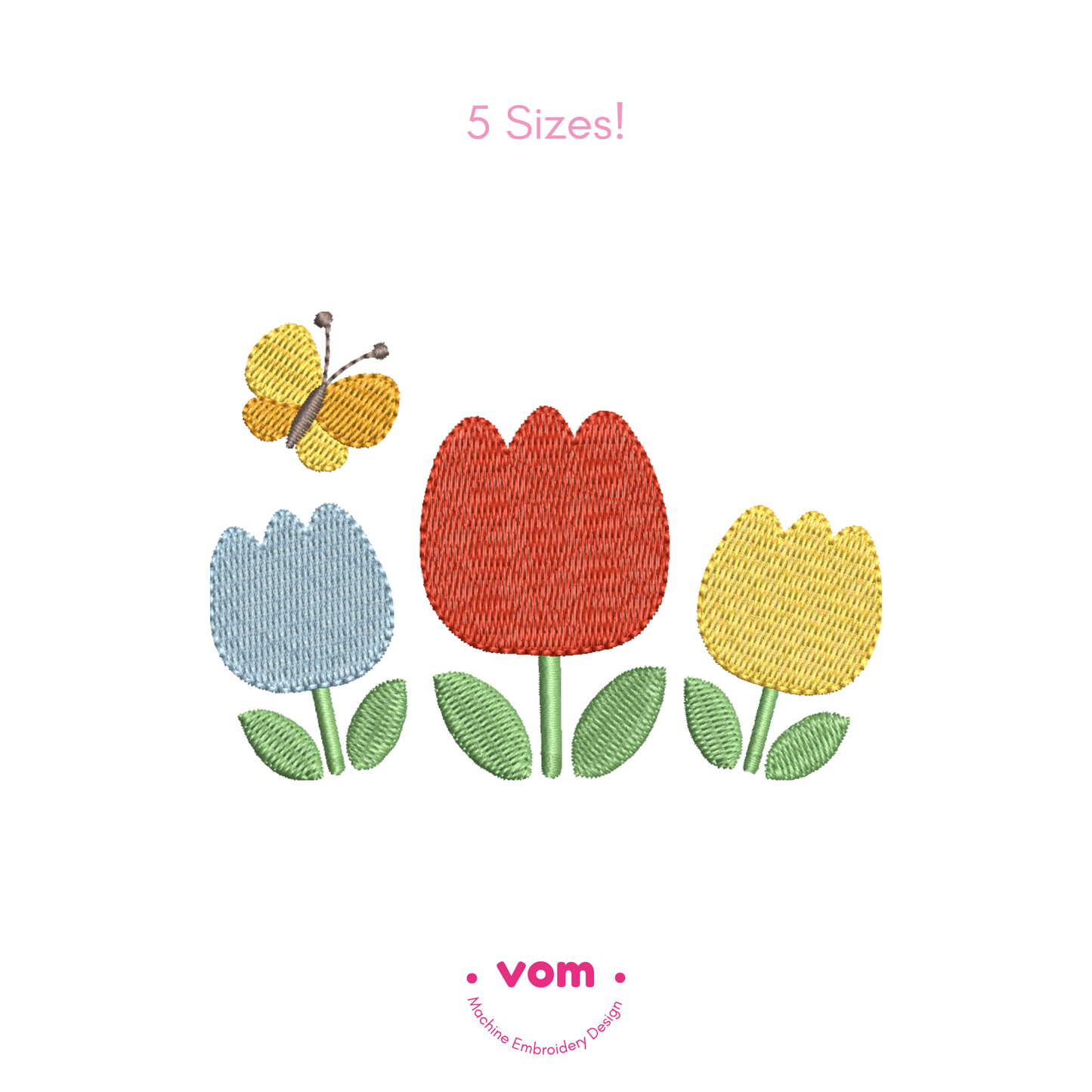 Tulip Flowers Embroidery Design – Spring Butterfly Pattern (5 Sizes)