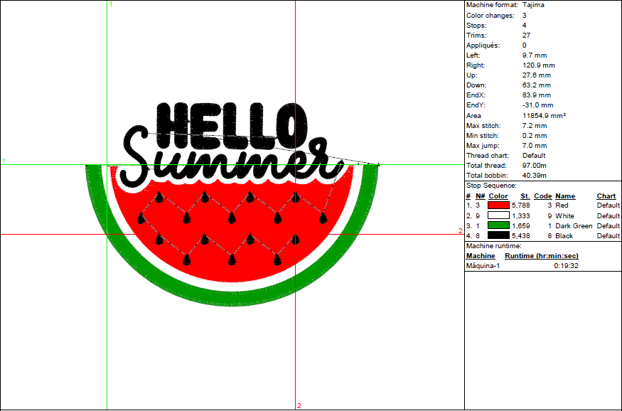 Hello Summer Watermelon Embroidery Design - Fun Fruit Pattern in 7 Sizes